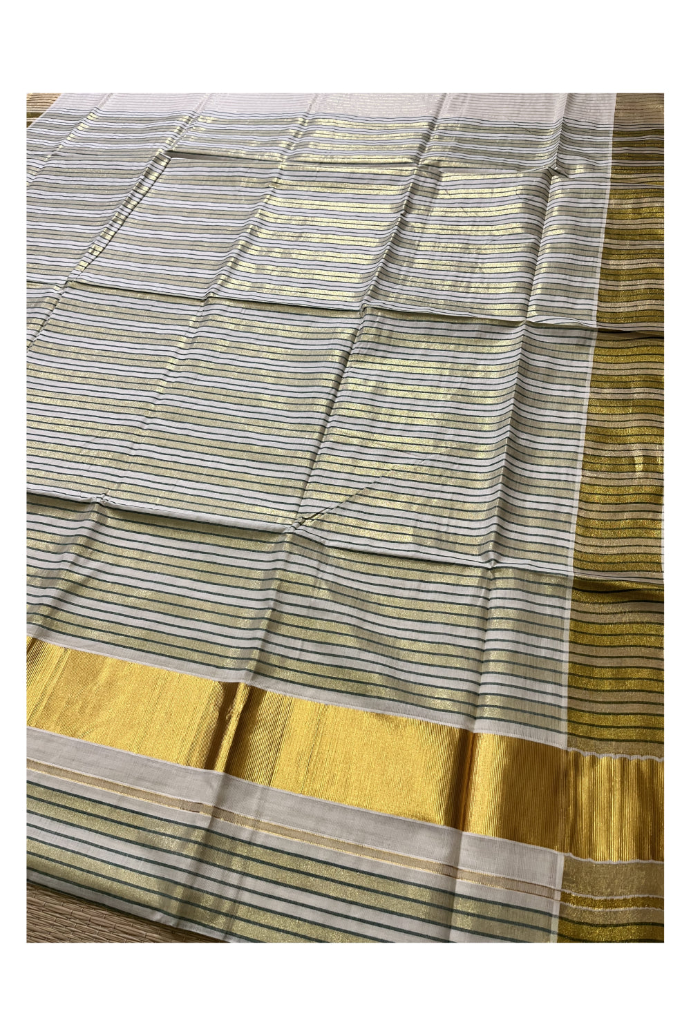 Pure Cotton Kerala Kasavu Saree with Lines Designs on Body and Green Lines on Munthani