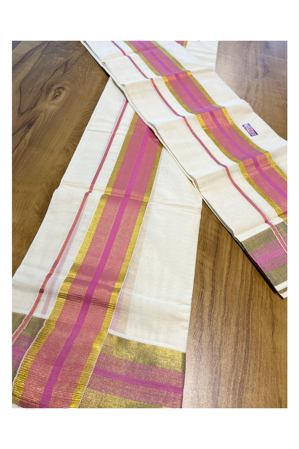 Kerala Cotton Set Mundu (Mundum Neriyathum) with Pink and Kasavu Border 2.80 Mtrs