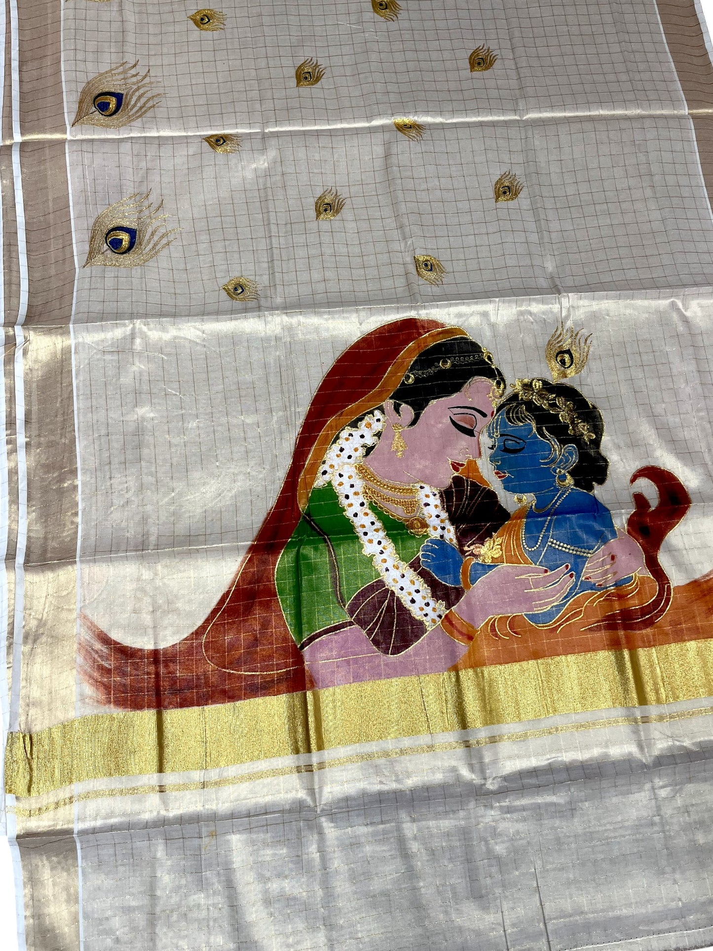 Southloom Tissue Kerala Kasavu Check Saree with Hand Painted Embroidery Krishna & Yashodha Desig SL283
