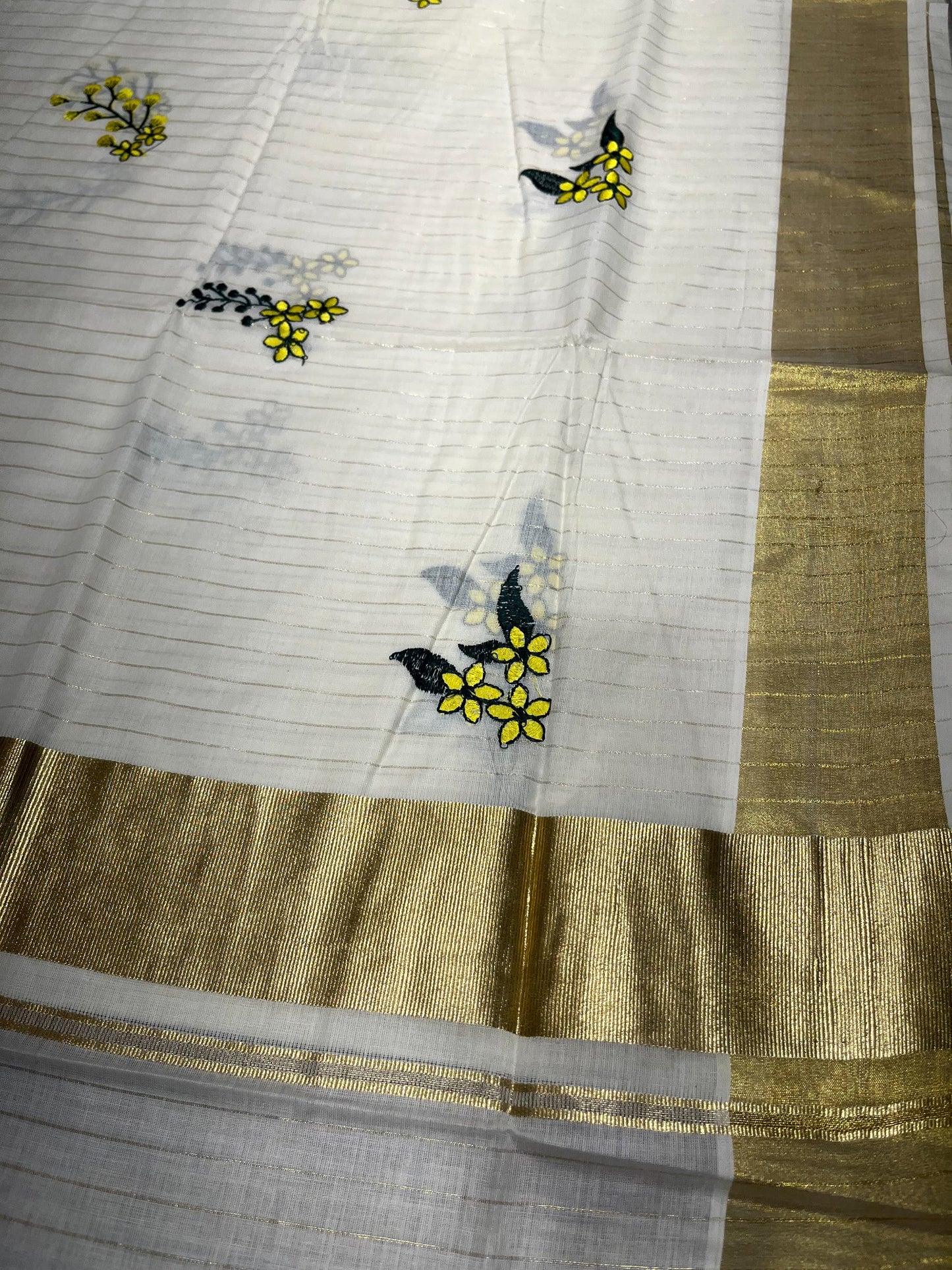 Kerala Cotton Kasavu Stripes Saree with Floral Embroidery Design on Body
