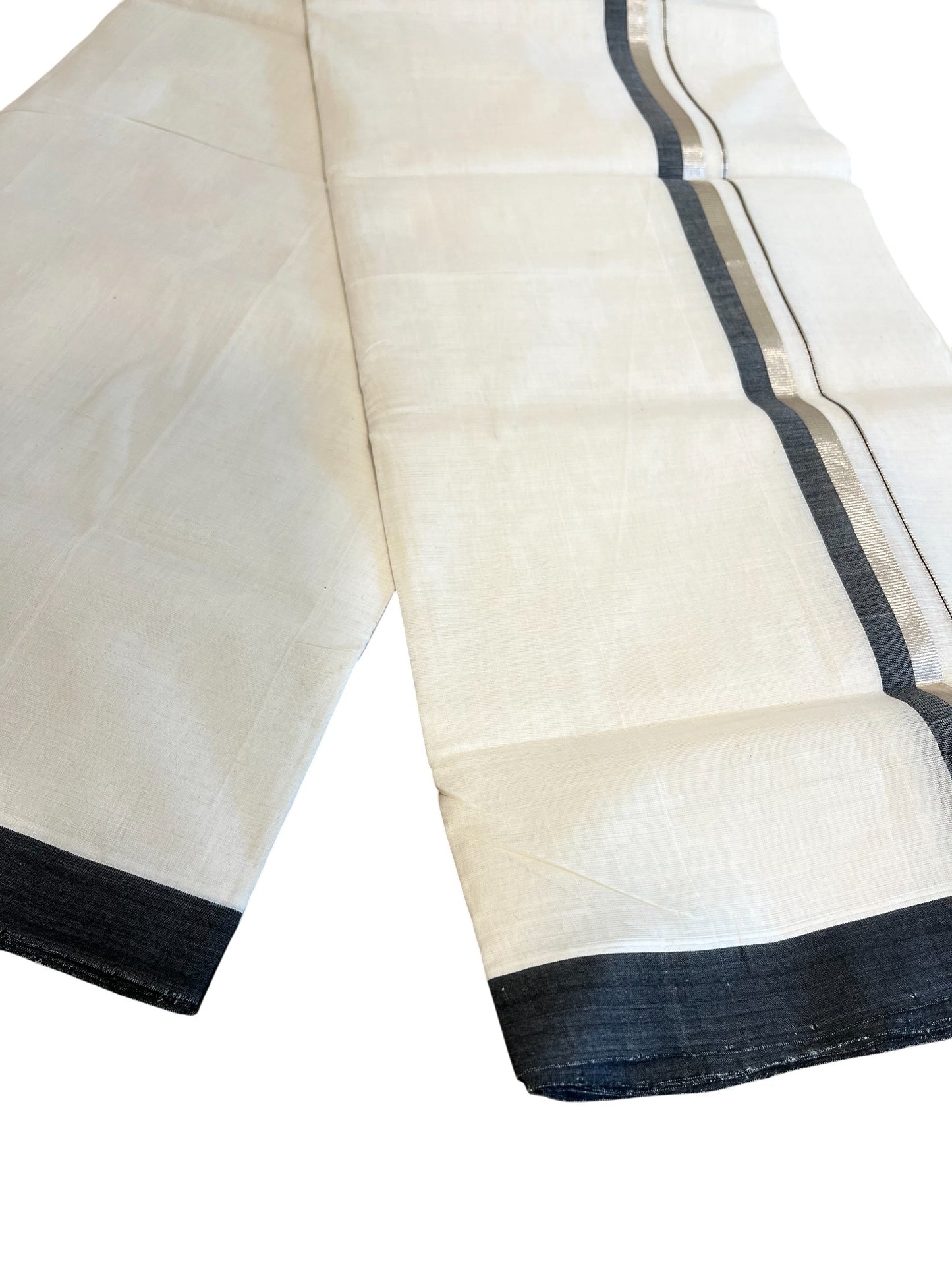 Southloom Premium Handloom Cotton Double Mundu with Silver and Black Border
