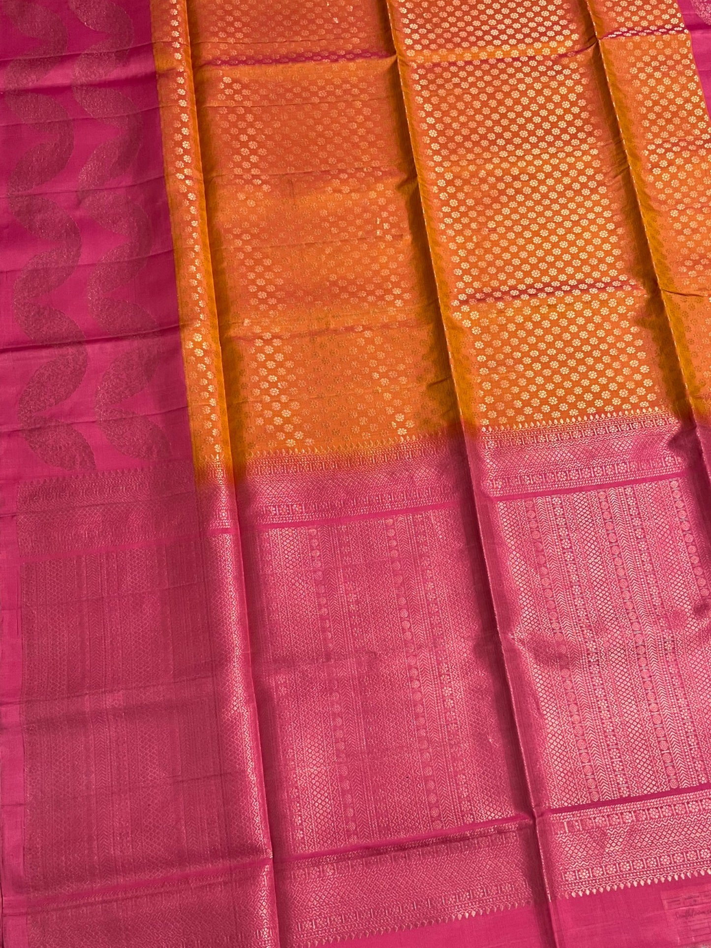 Southloom Pure Handloom Bridal Kanchipuram Silk Saree with Korvai Work (Orange & Pink)