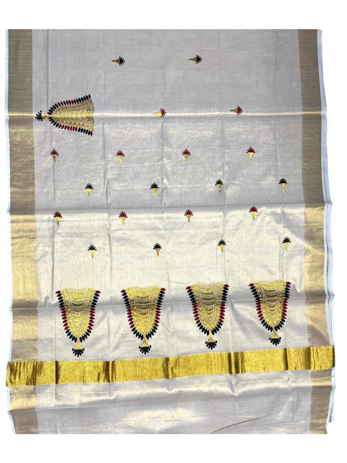 Southloom Tissue Kerala Kasavu Saree with Nettipattam Embroidery Designs on Body SL539