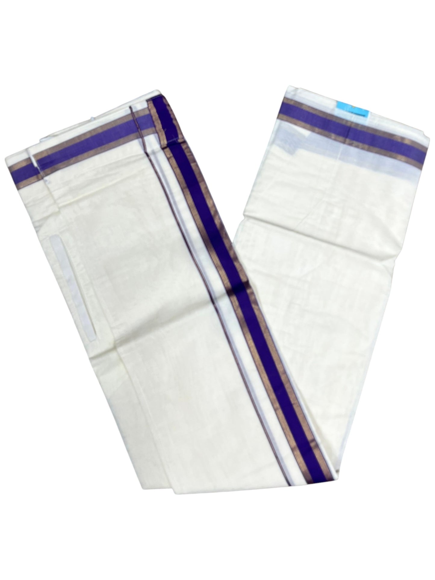 Southloom Kerala Cotton Velcro Mundu with Gold Lines and Violet Border (South Indian Kerala Dhoti) in 4 mtrs