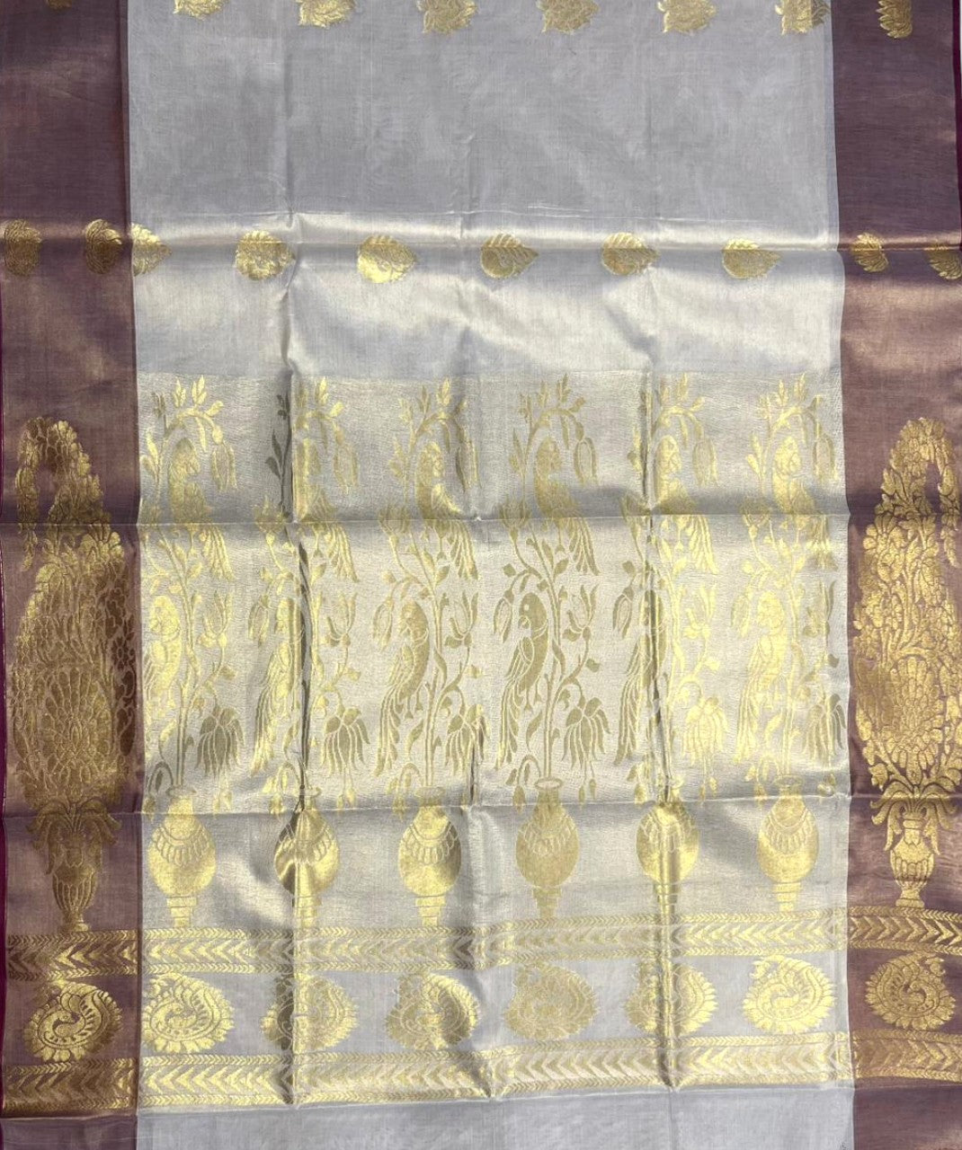 Southloom  Kerala Tissue Kasavu Heavy Work Saree with Peacock Design And Maroon Border SL483
