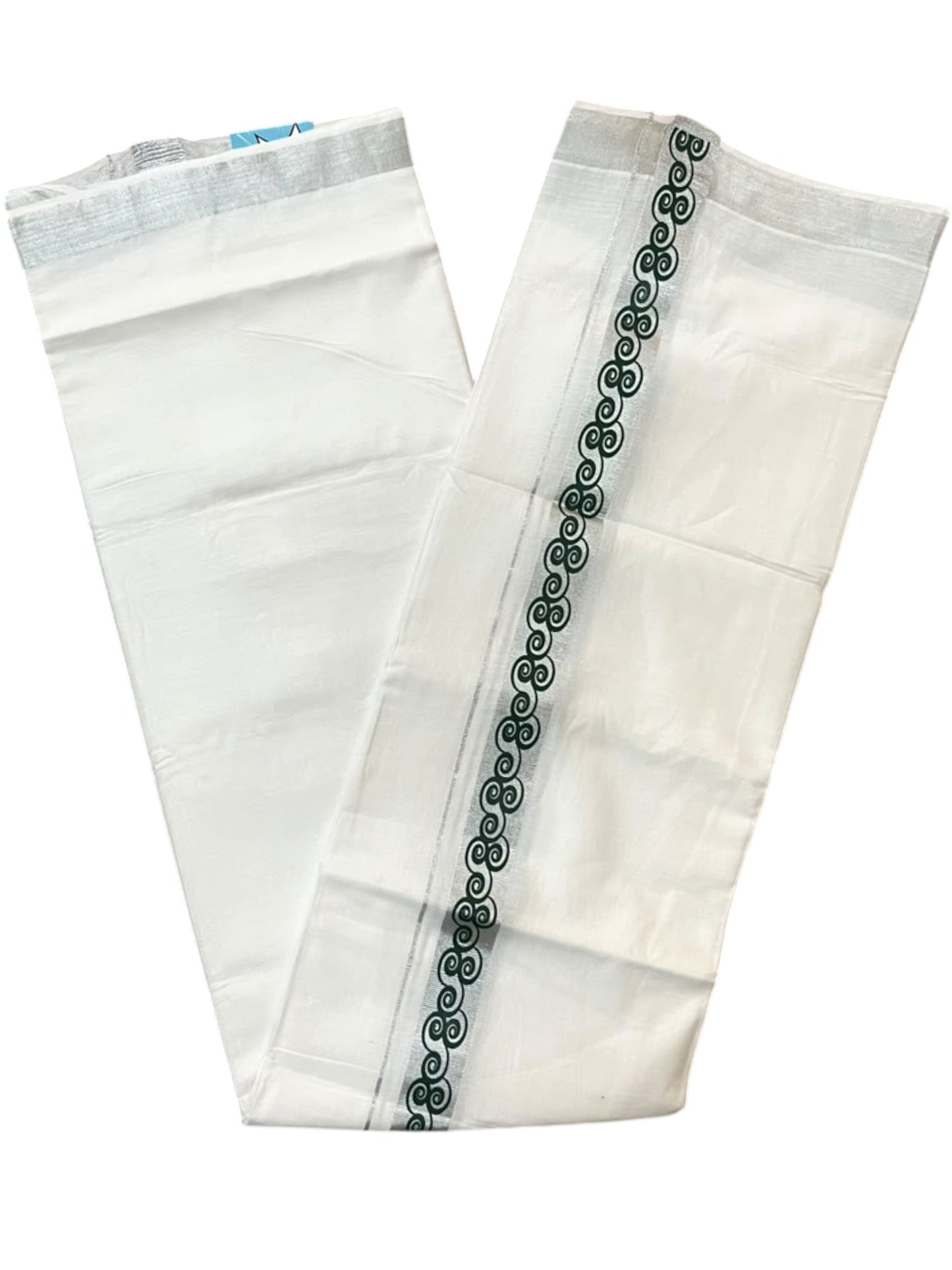 Southloom Pure White Cotton Mundu with Green and Silver Kasavu Border (South Indian Kerala Dhoti)
