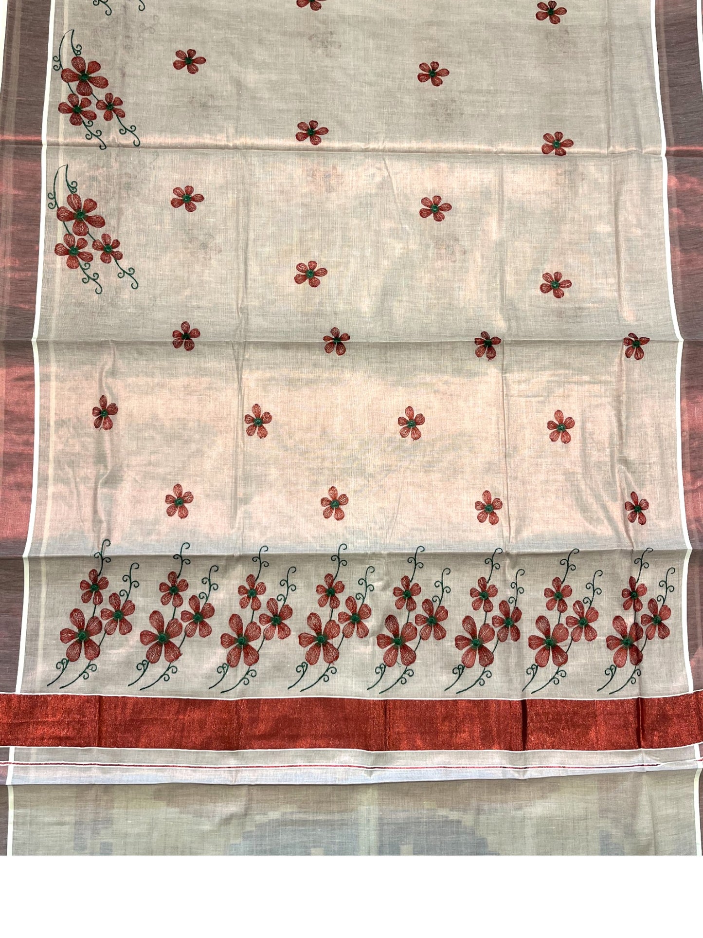 Southloom Kerala Tissue Kasavu Saree with Maroon Floral Embroidery on Body and Border