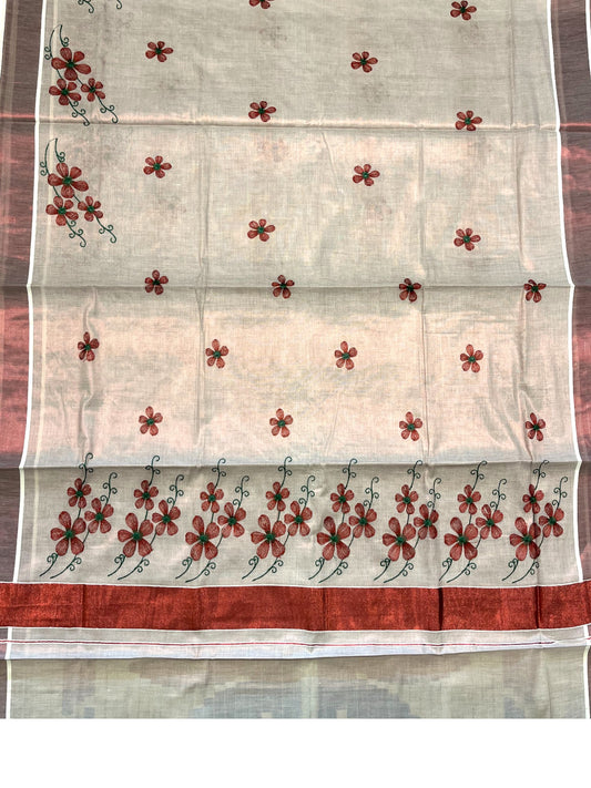 Southloom Kerala Tissue Kasavu Saree with Maroon Floral Embroidery on Body and Border