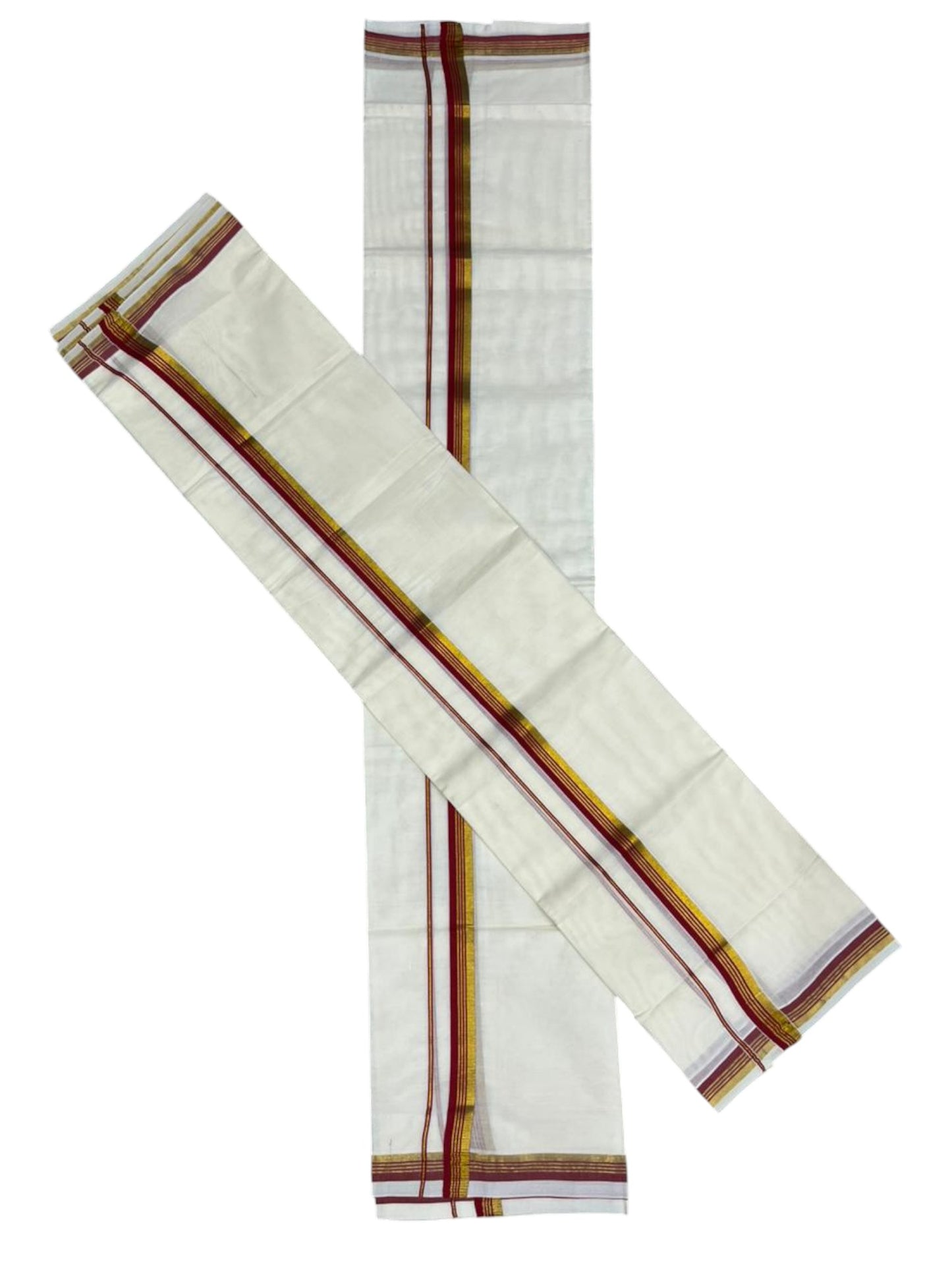 Pure Cotton Kerala Single Set Mundu (Mundum Neriyathum) with Red Kasavu Border in 2.80 Mtrs