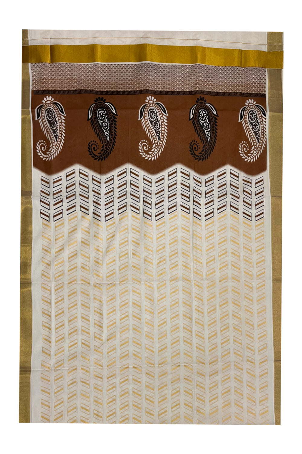 Kerala Cotton Saree with Brown Block Prints on Pallu and Golden Block Prints on Body