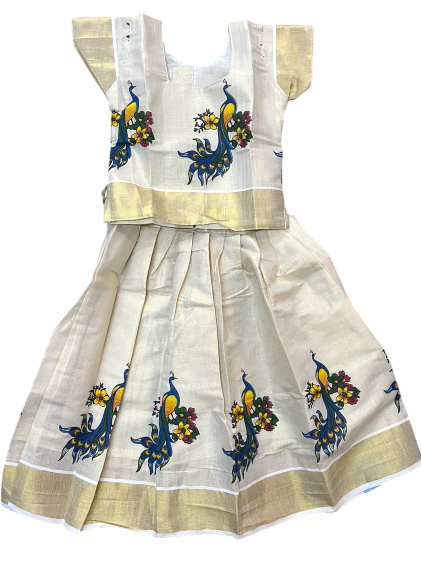 Southloom Kerala Tissue Kasavu Peacock Digital Printed Pavada & Blouse with for Kids