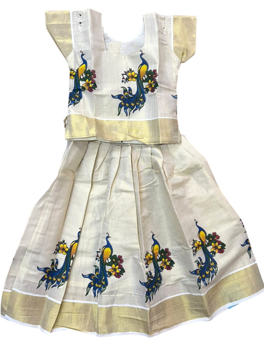 Southloom Kerala Tissue Kasavu Peacock Digital Printed Pavada & Blouse with for Kids SL604