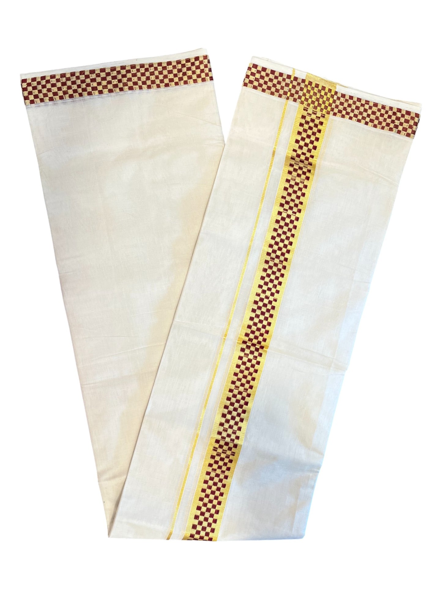 Southloom Premium Handloom Cotton Gold Kasavu Double Mundu with Maroon Paa Neythu Border