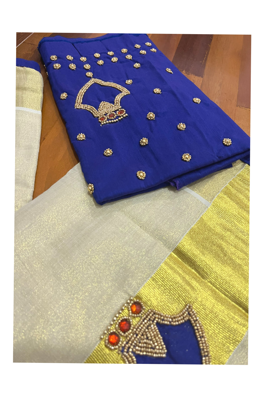 Kerala Tissue Kasavu Bead Work Designer Saree with Seperate Blue Blouse Piece (Onam Saree 2023)