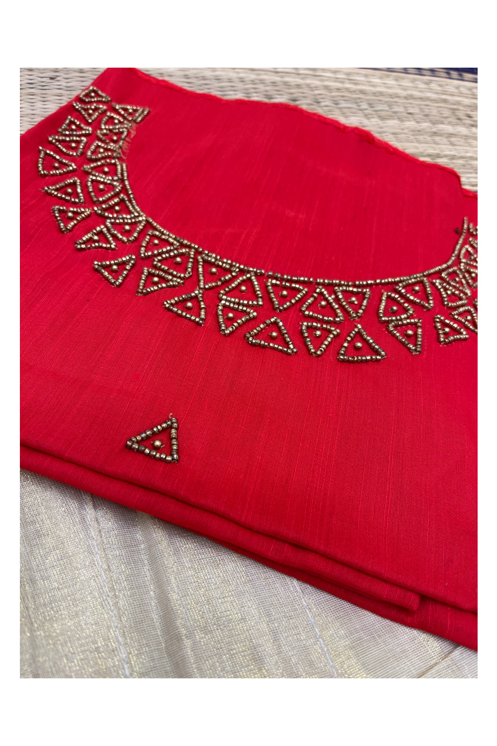 Semi Stitched Pavada Blouse with Tissue and Red Bead Works