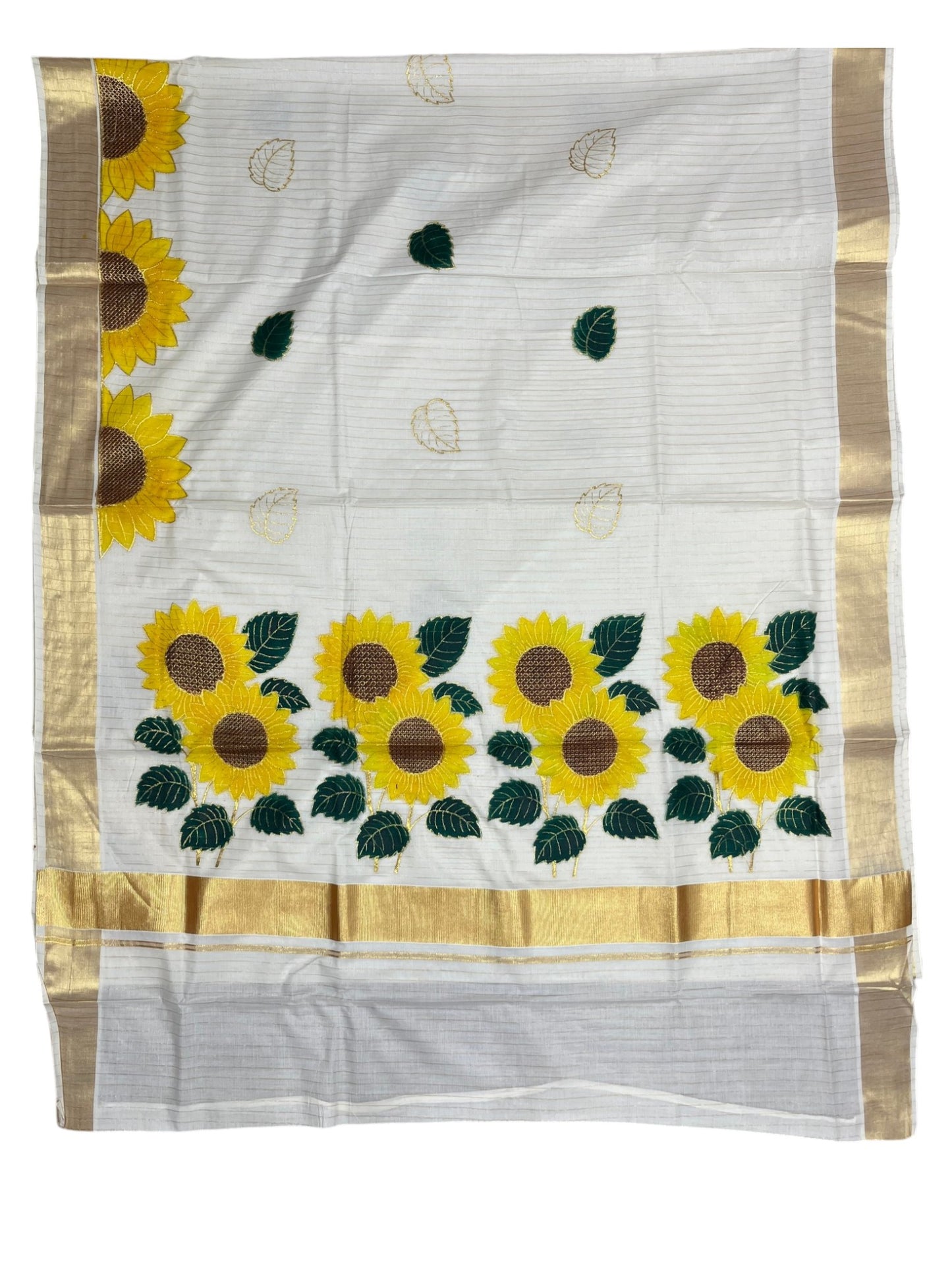 Southloom Kerala Cotton Kasavu Lines Saree with Embroidery Work in Yellow Floral Print