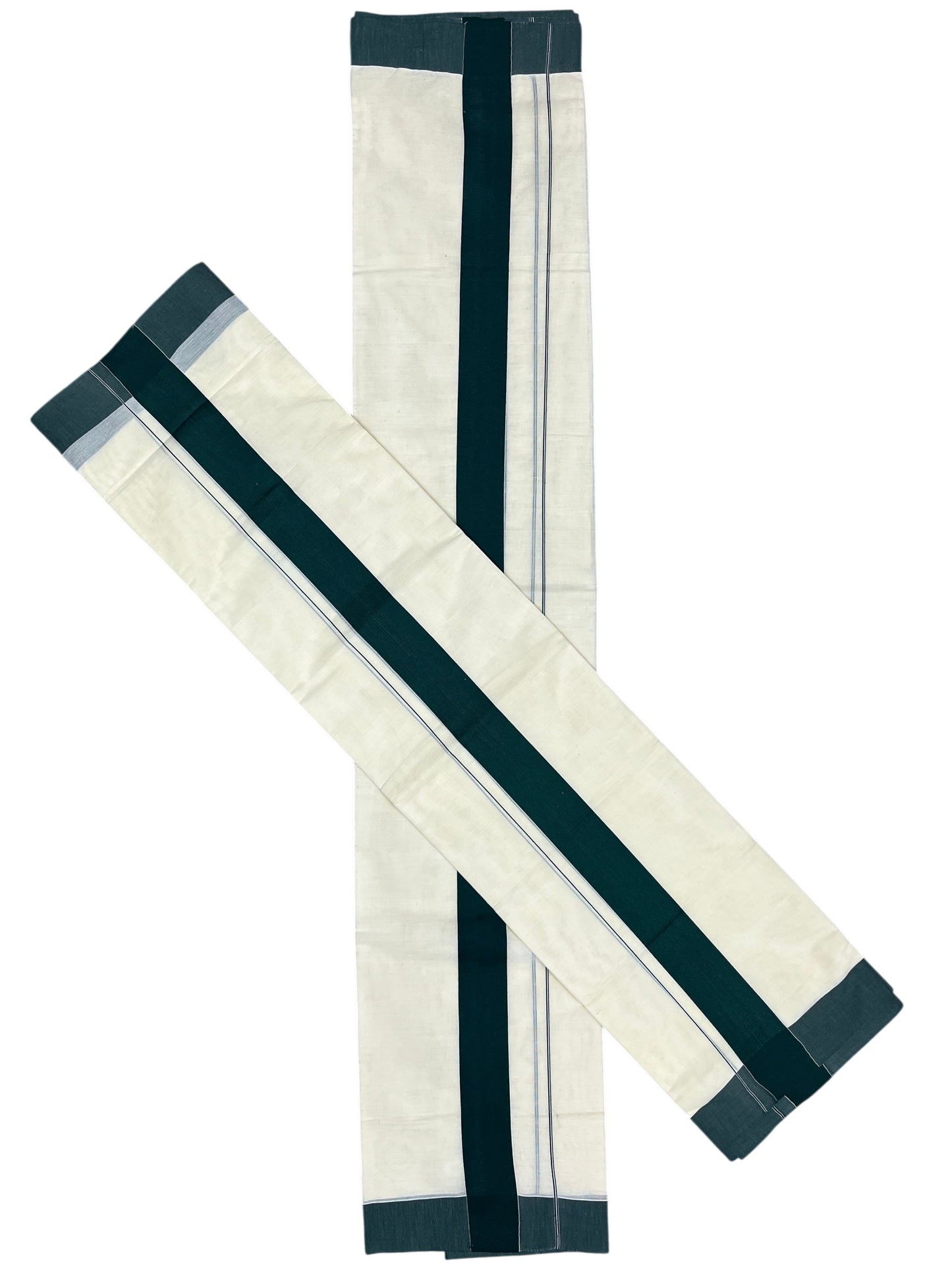 Southloom Kerala Cotton Mundum Neriyathum Single (Set Mundu) with Plain 2 inch Green Katti Kara 2.80 Mtrs