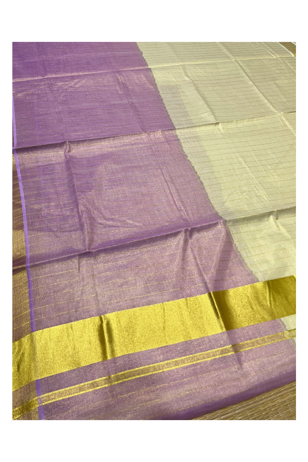 Southloom Tie & Dye - Half & Half  Multi Colour Violet Design Saree with Kasavu Lines Across Body