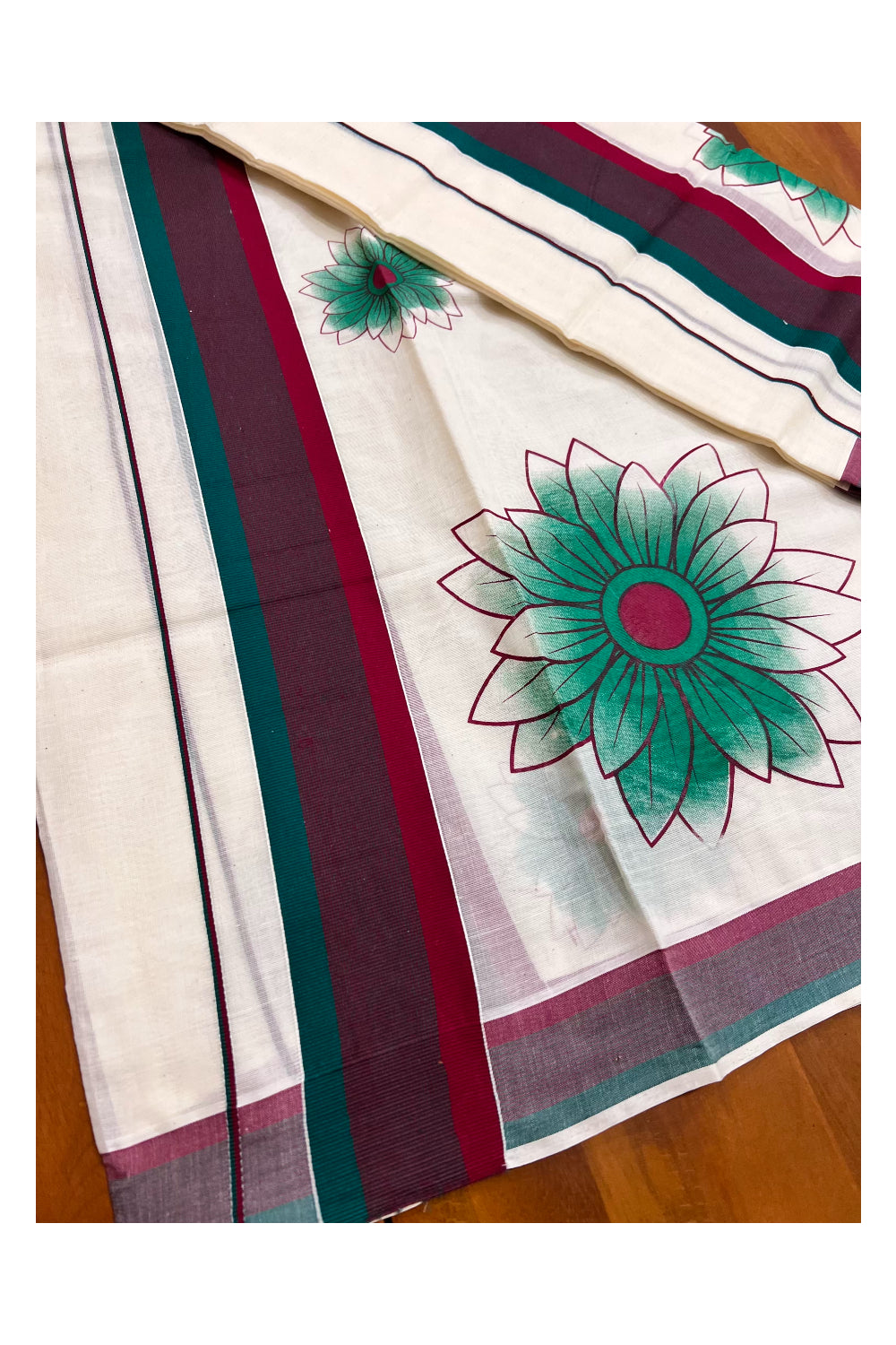 Kerala Cotton Set Mundu Single (Mundum Neriyathum) with Floral Block Prints on Red Green Border -2.80Mtrs