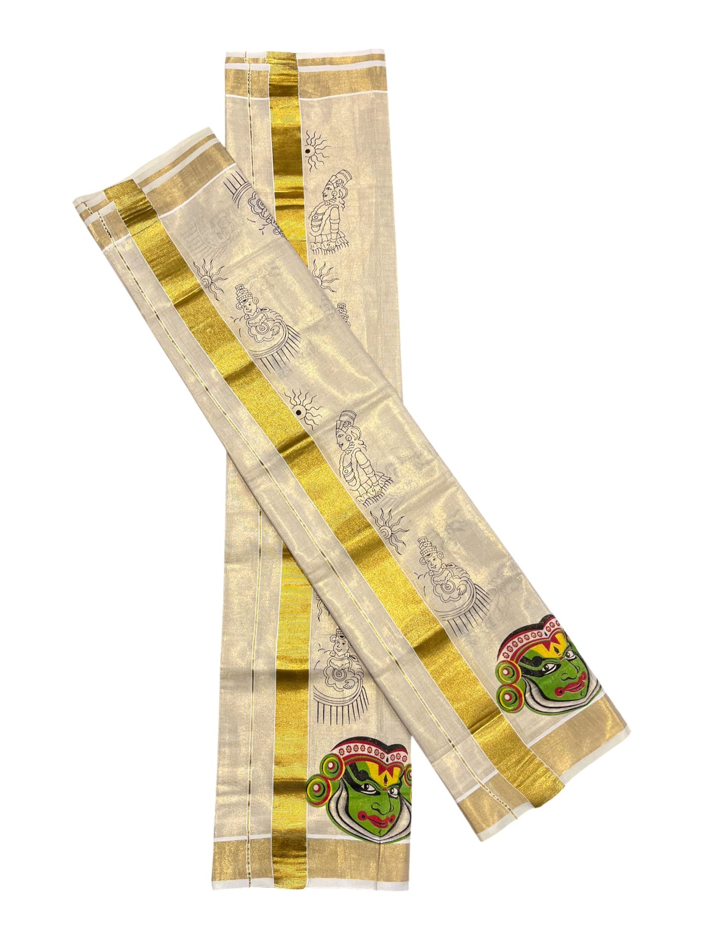 Southloom Kerala Tissue  Set Mundu (Mundum Neriyathum) with Kadhakali Printed Design