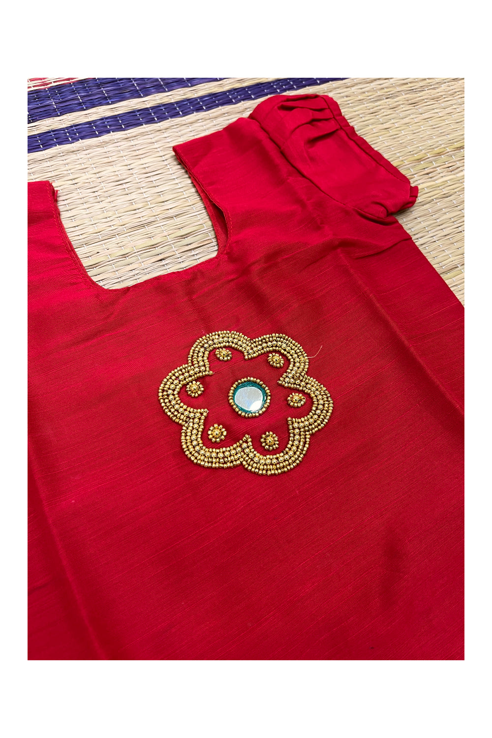 Southloom Kerala Pavada Blouse in Red with Bead Work Designs (Age - 4 Years)