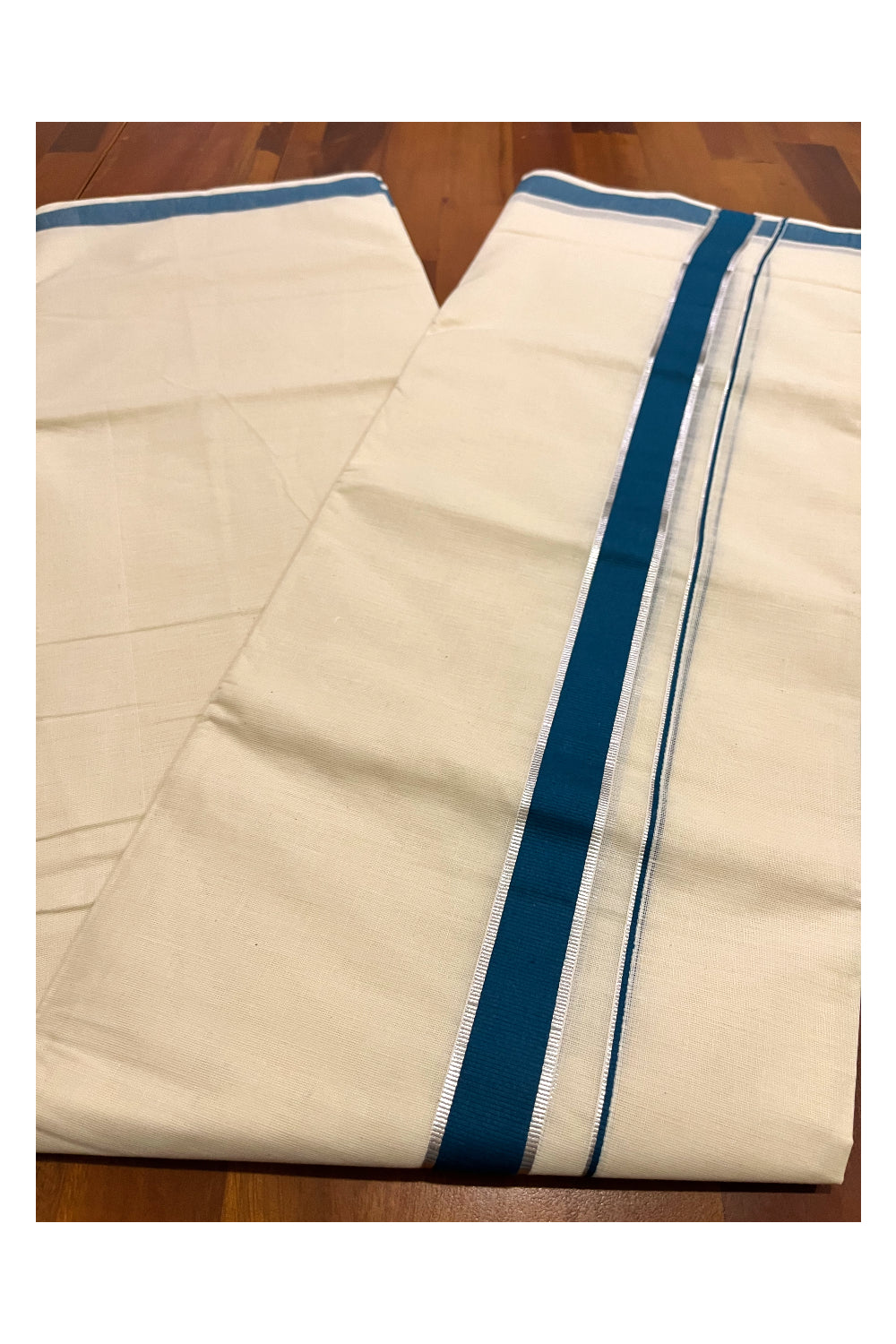 Pure Cotton Double Mundu with Silver Kasavu and Teal Blue Kara (South Indian Kerala Dhoti)