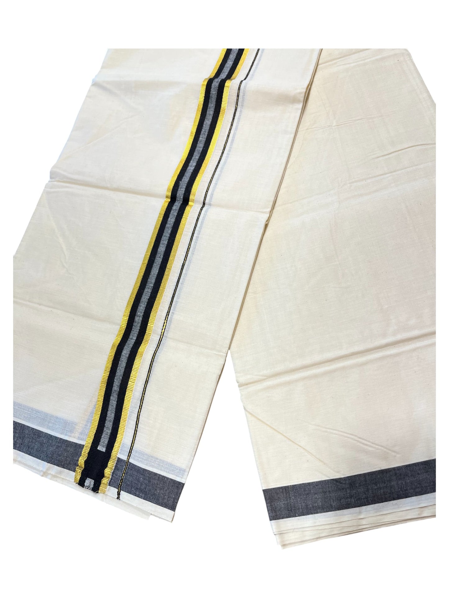 Southloom Pure Cotton Double Mundu With  Gold Kasavu& Black Colour Border (South Indian Kerala Dhoti)