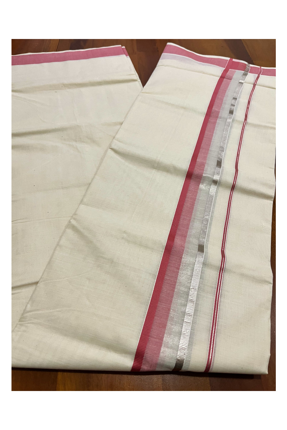 Kerala Pure Cotton Double Mundu with Brick Red and Silver Kasavu Border (South Indian Kerala Dhoti)