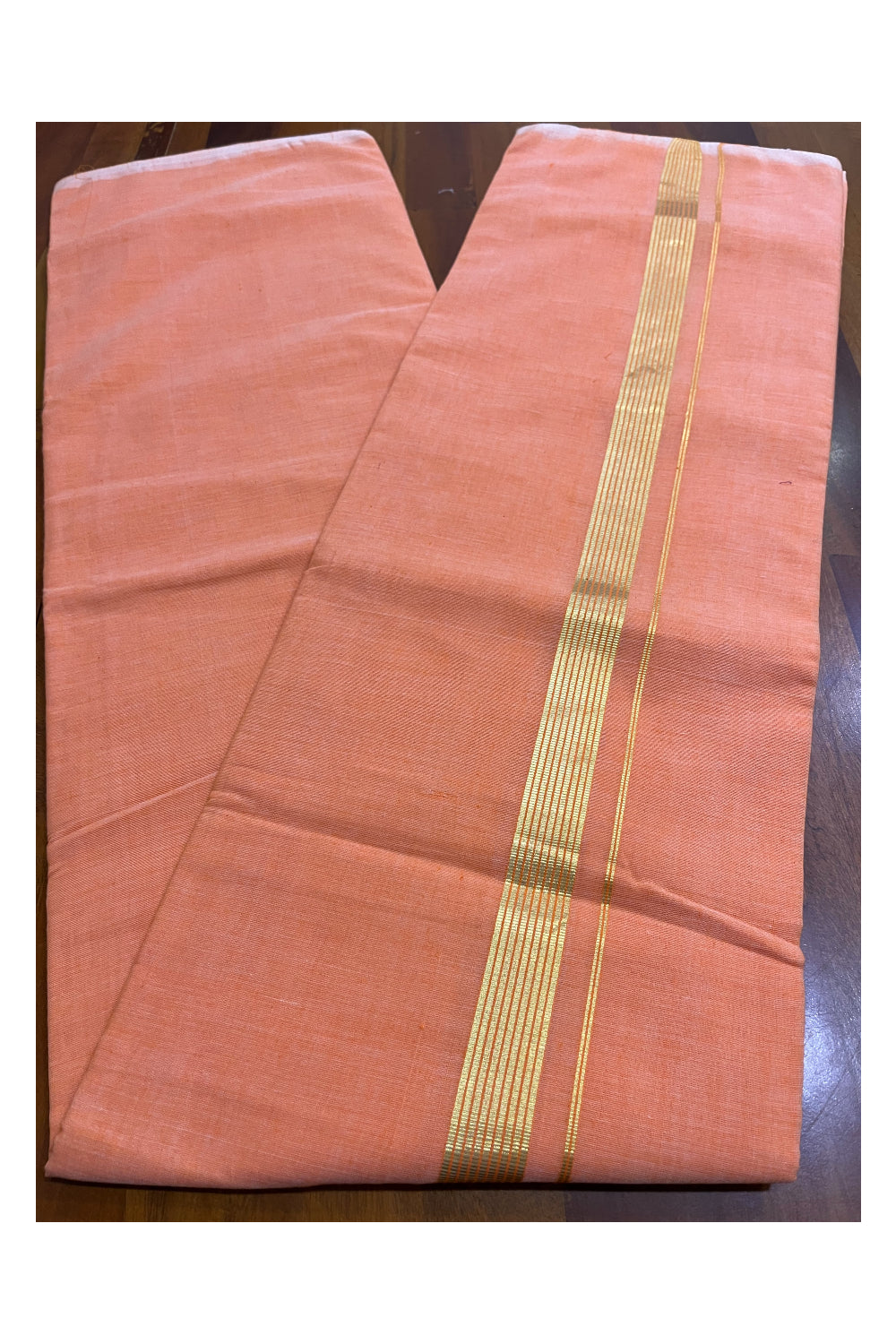 Southloom Premium Balaramapuram Handloom Orange Mundu with Kasavu Border (South Indian Kerala Dhoti)