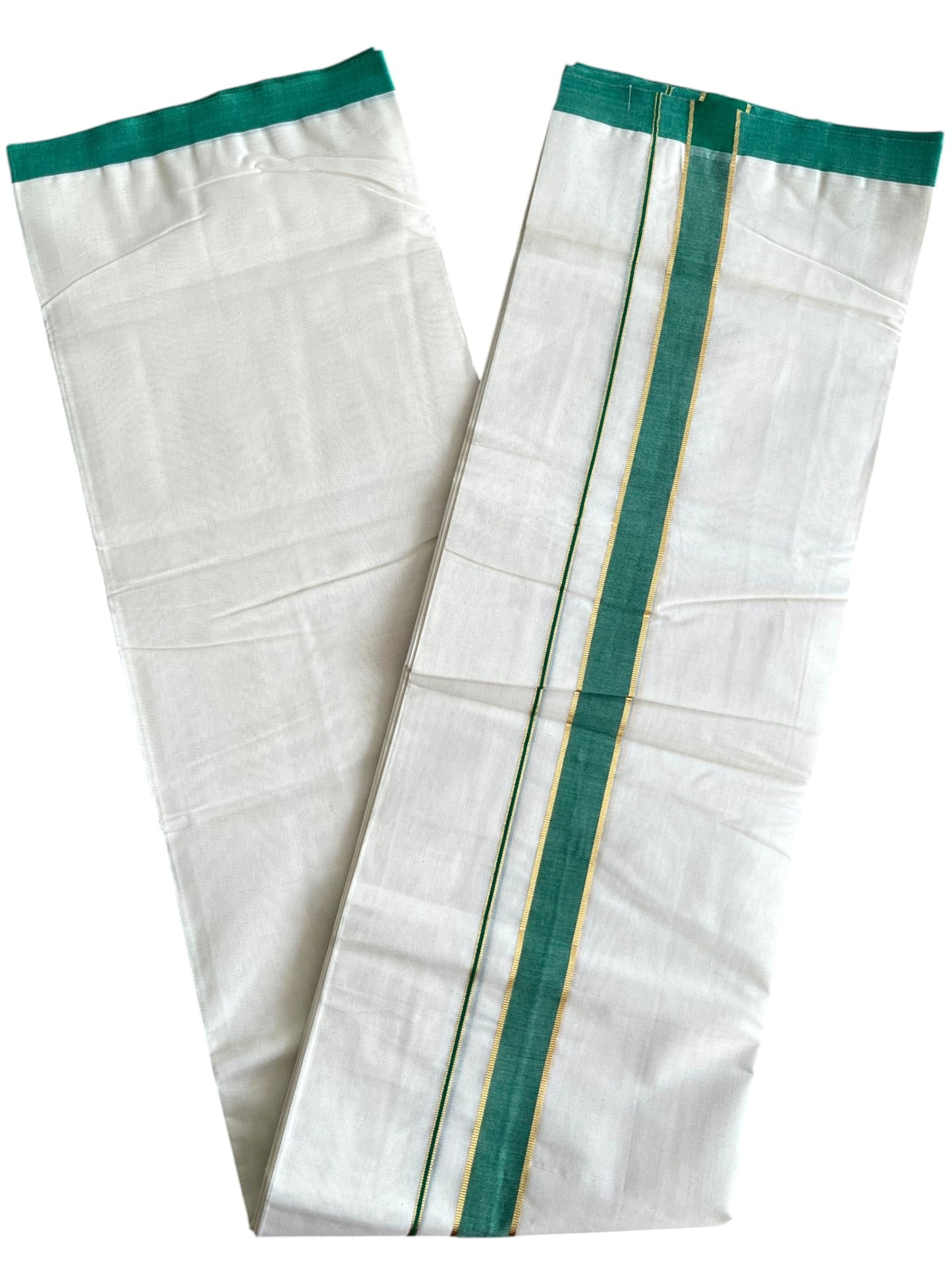 Southloom Pure Cotton Mundu with Golden Lines and Green Border (South Indian Kerala Dhoti)