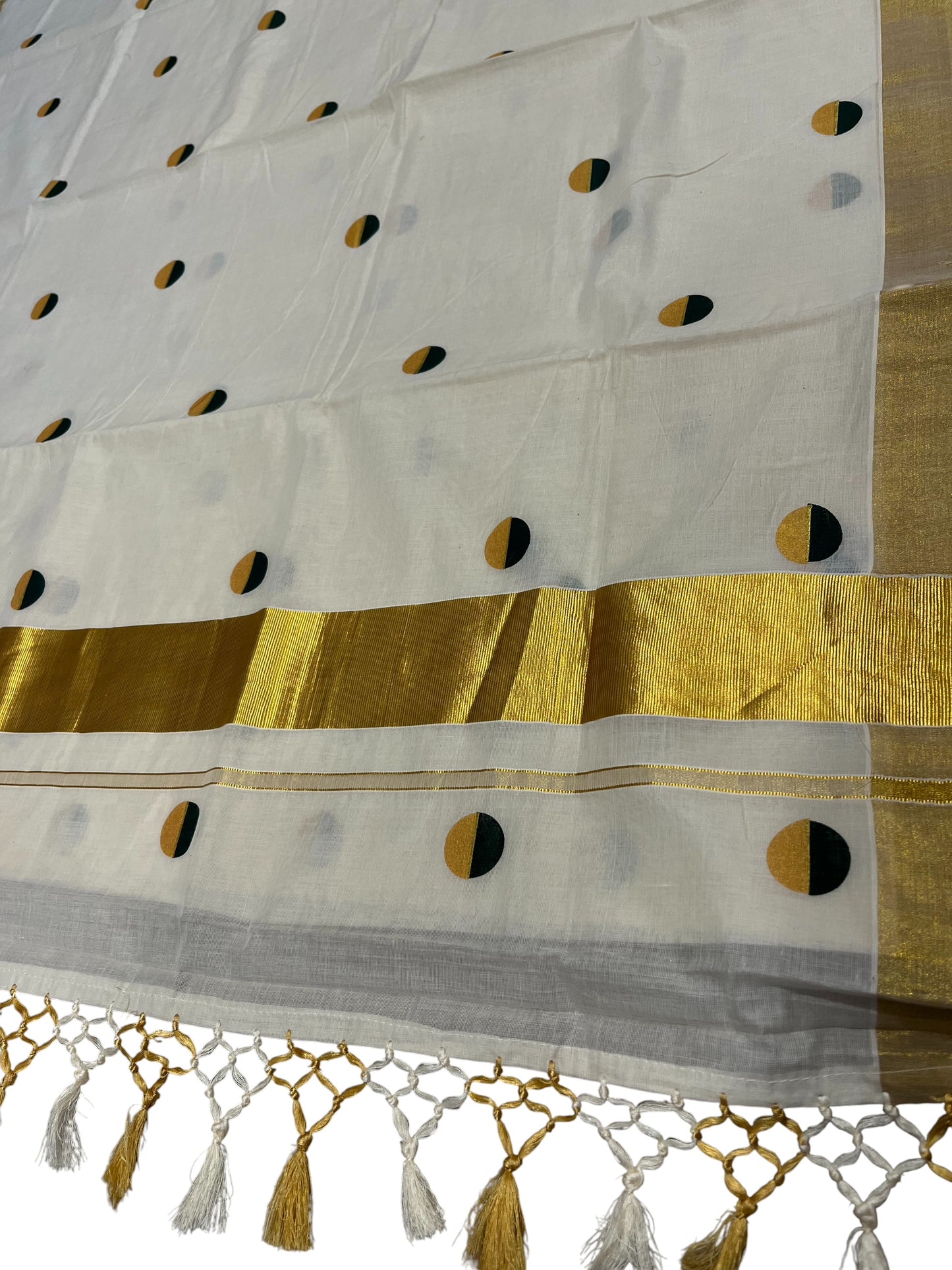 Southloom Cotton Kasavu Saree with Gold And Green Polka Dot Prints Across Body