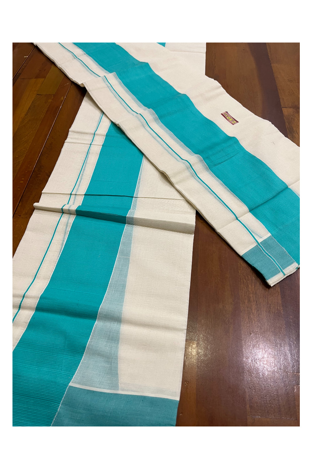 Kerala Cotton Mundum Neriyathum Single (Set Mundu) with Turquoise Border 2.80 Mtrs