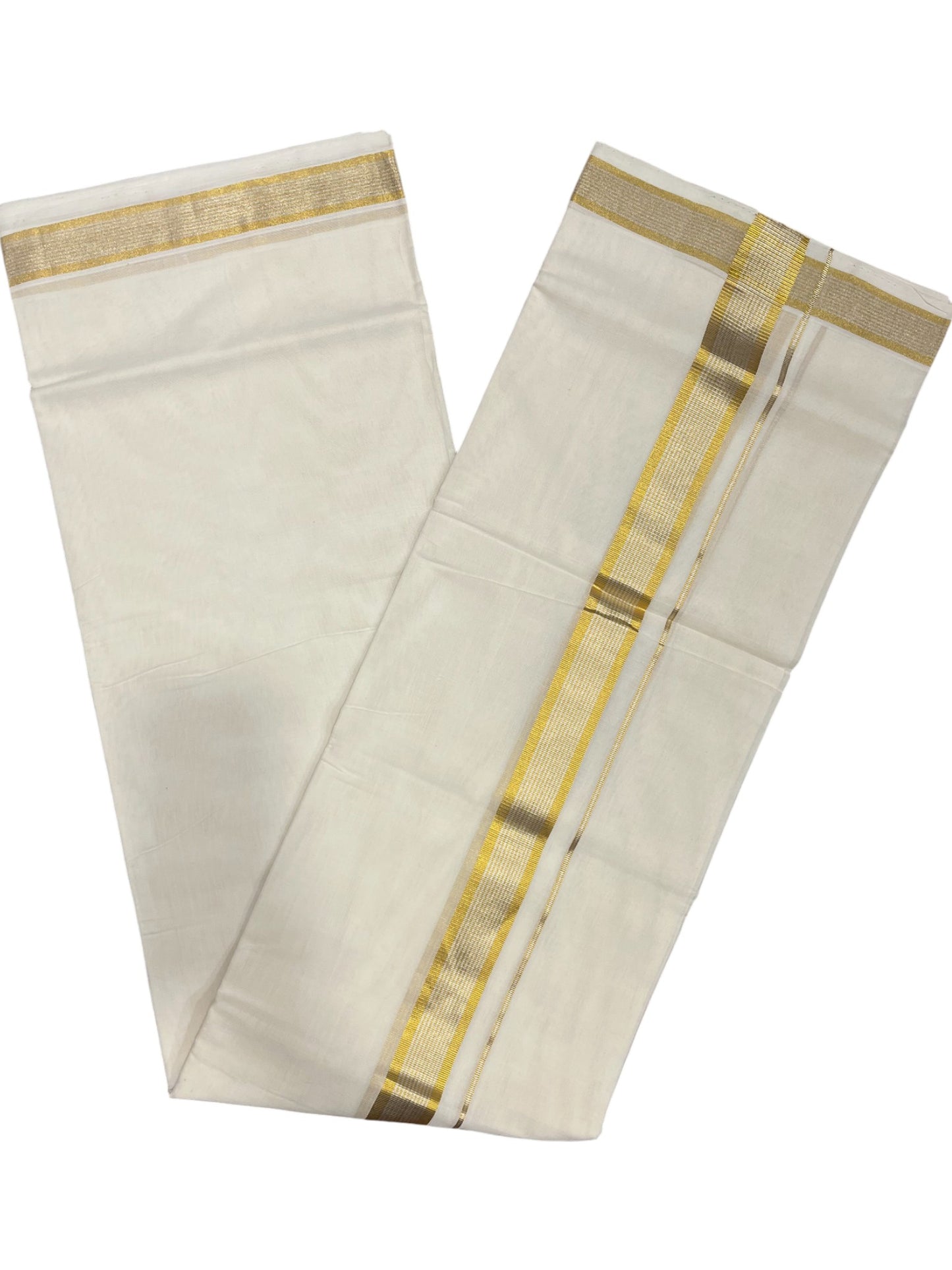 Southloom Premium Handloom Cotton Double Mundu with Gold And Silver Lines Kasavu Border