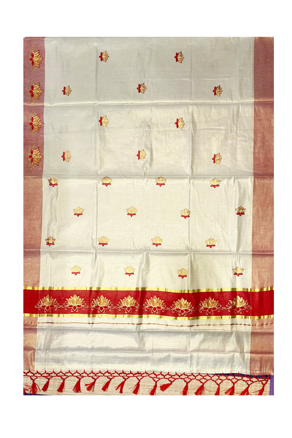 Southloom Kerala Tissue Kasavu Saree with Red And Golden Lotus Embroidary Designs on Body