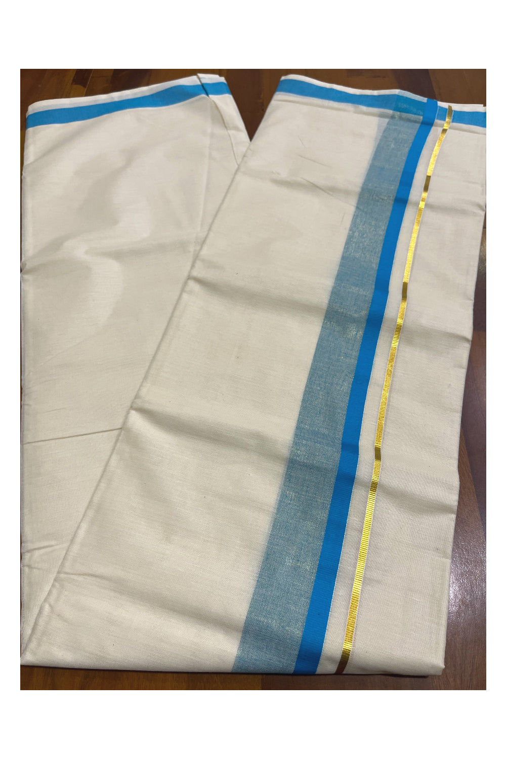 Kerala Pure Cotton Double Mundu with Blue and Kasavu Border (South Indian Kerala Dhoti)