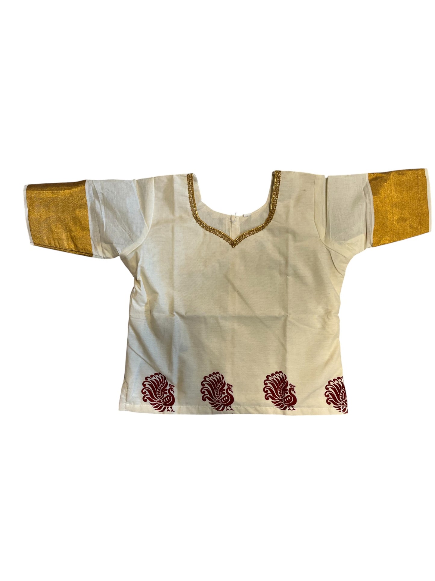 Southloom Kerala Cotton Kasavu Pavada Blouse with Hand Printed Work for Kids