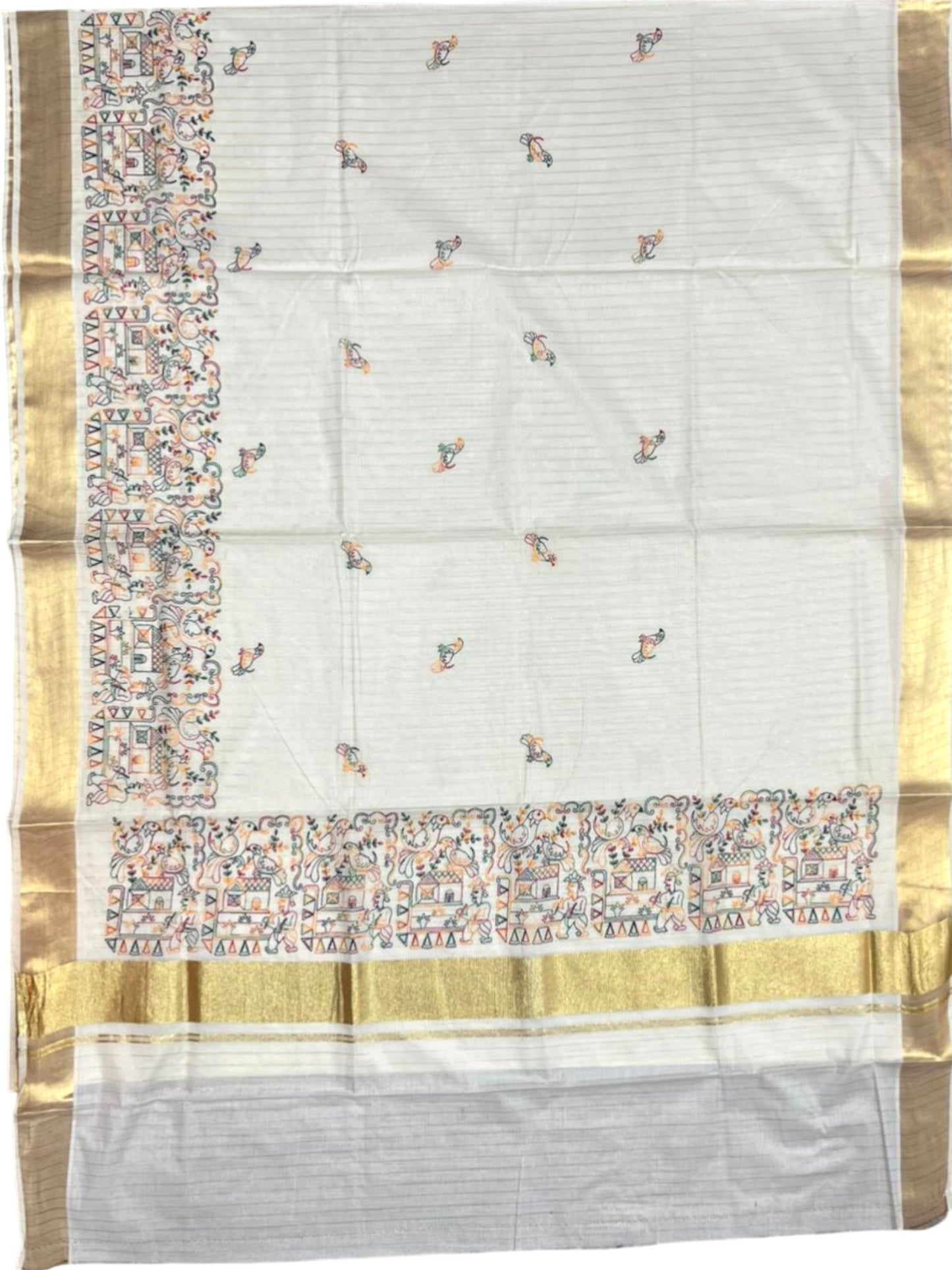 Southloom Cotton Kerala Kasavu Lines Saree with Kantha Embroidery Work on Body SL322