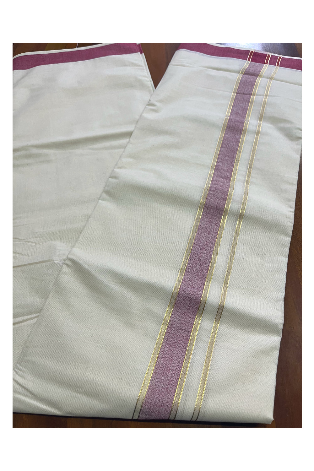 Off White Kerala Cotton Double Mundu with Kasavu and Maroon Border (South Indian Kerala Dhoti)