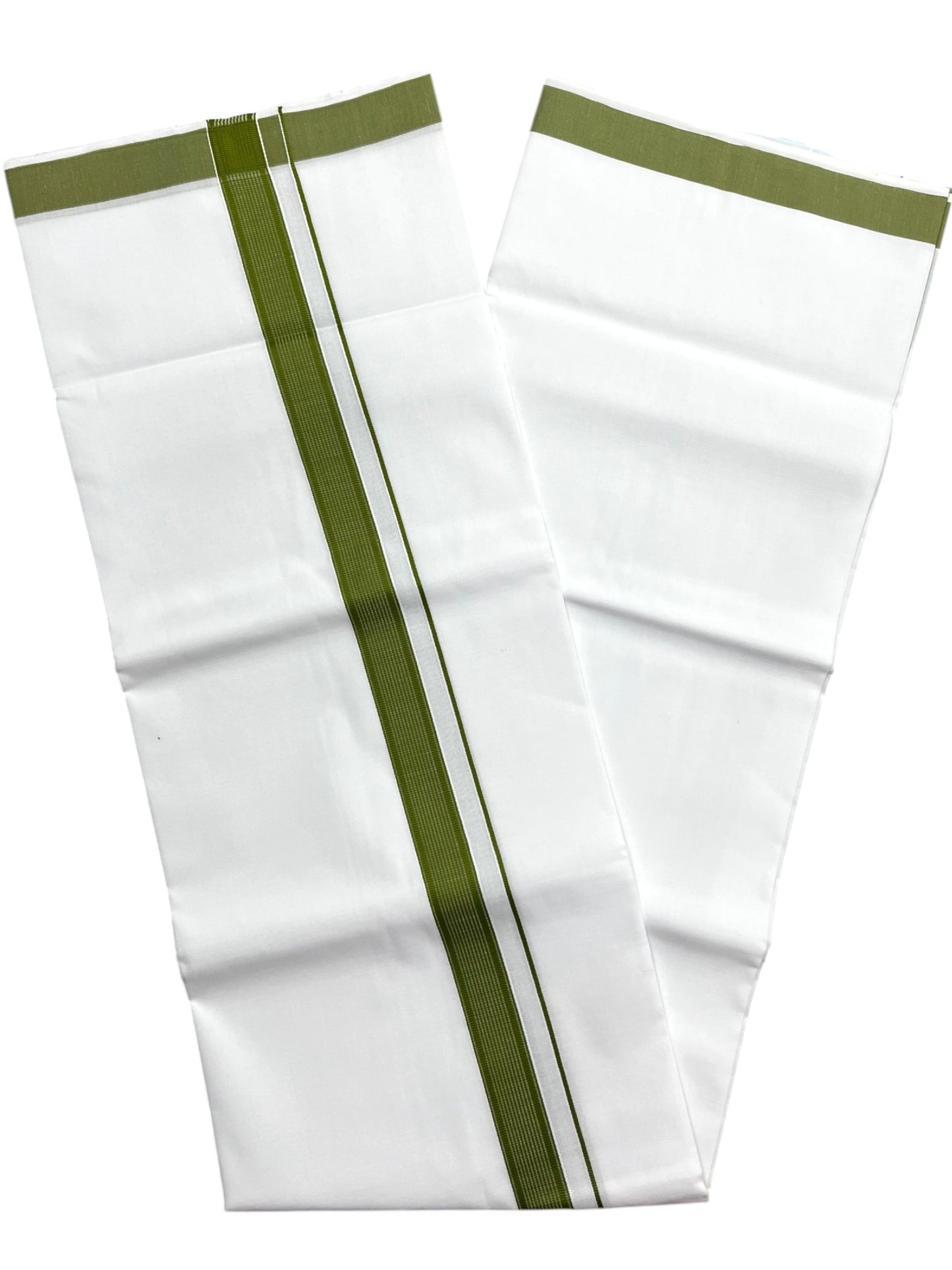 Southloom Pure White Cotton Mundu with Olive Green Lines Border (South Indian Kerala Dhoti)