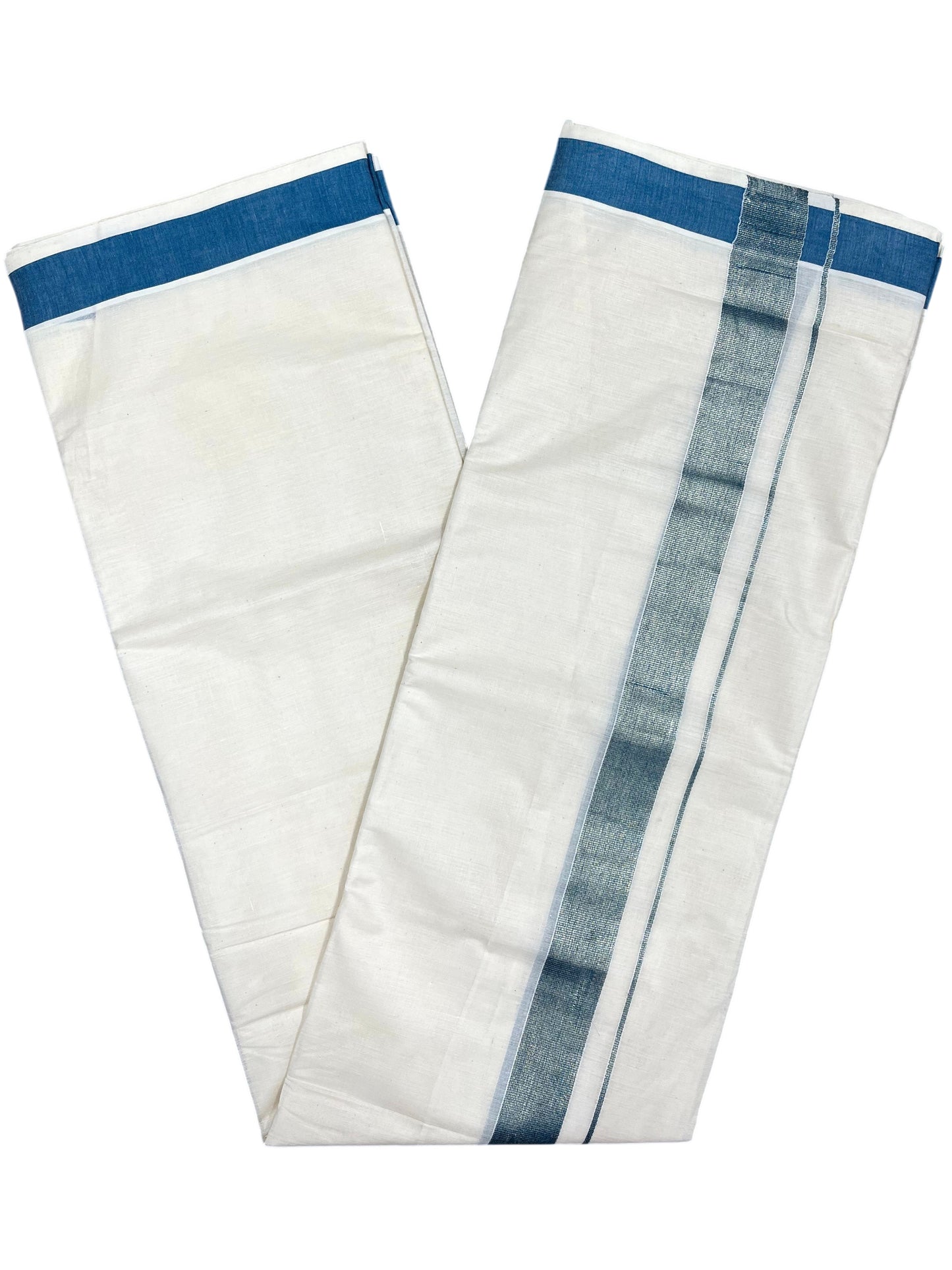 Southloom Kerala Pure Cotton Double Mundu with Blue Border (South Indian Dhoti)
