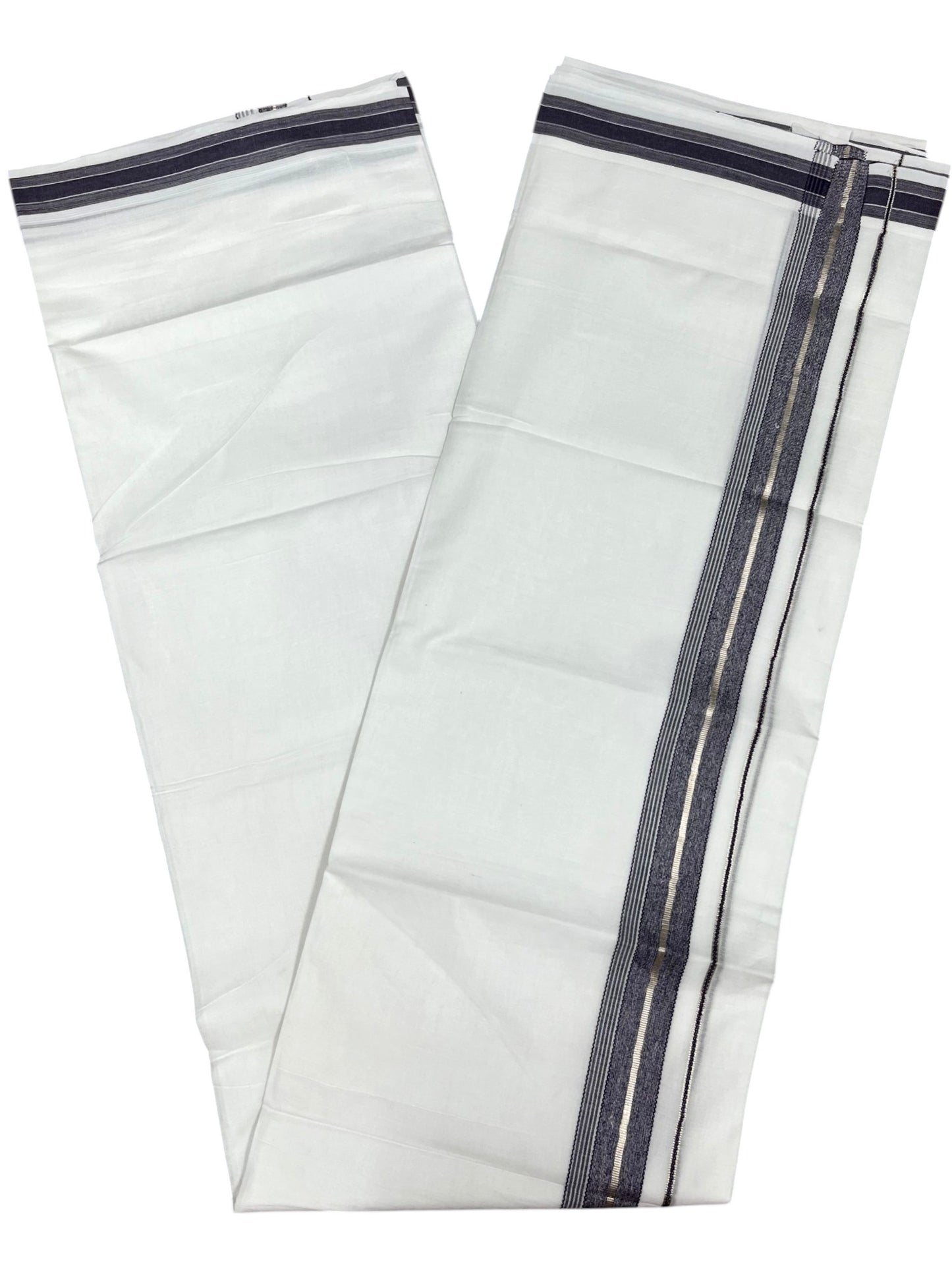 Southloom Kerala Pure White Cotton Double Mundu with Silver Line & Dark Purple Border (South Indian Dhoti)