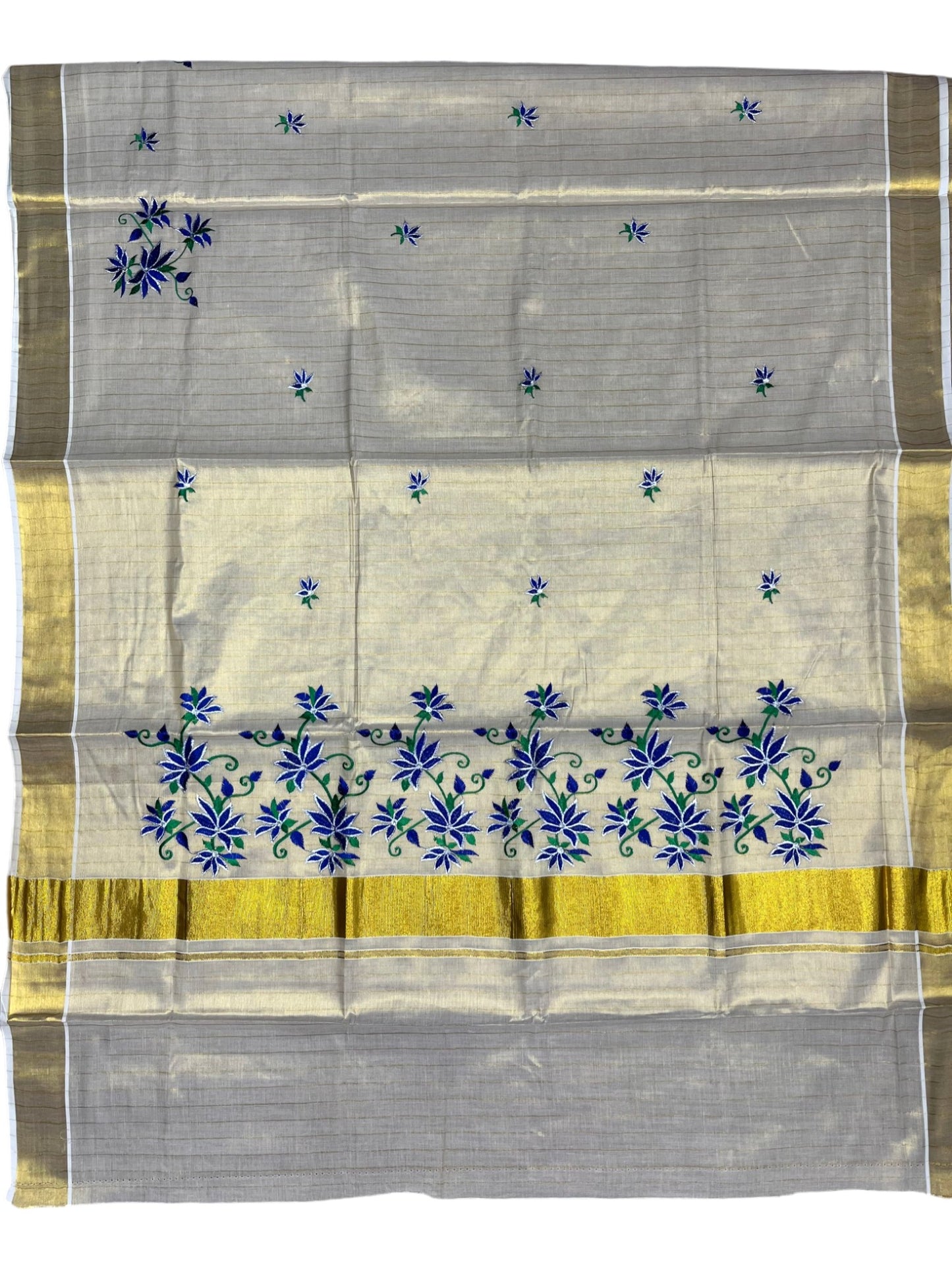 Southloom Tissue Kerala Kasavu Lines Saree with Floral Embroidery Design in Blue