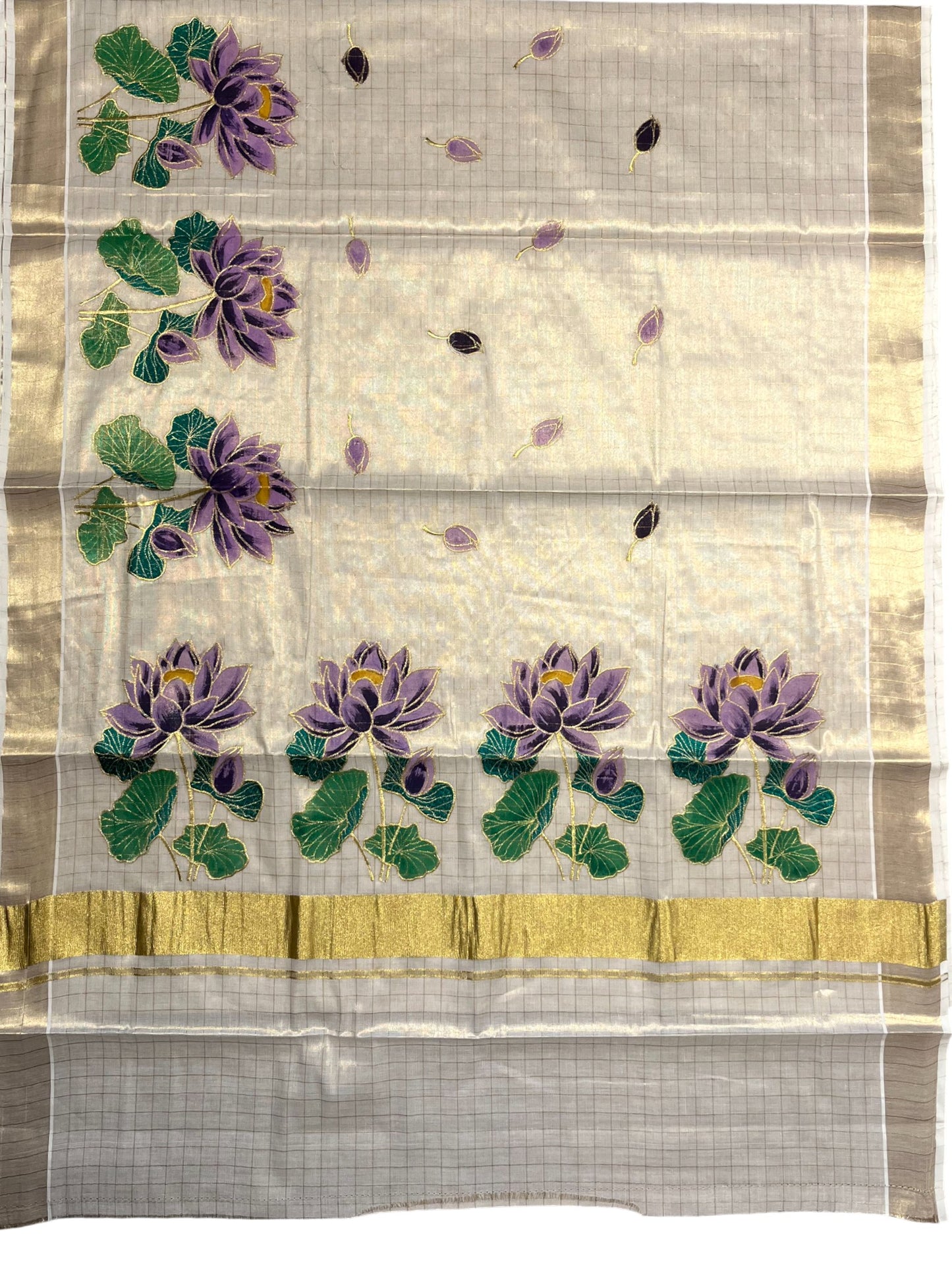 Southloom Tissue Check Kerala Kasavu Saree with Hand Painted Embroidery Violet Lotus Design