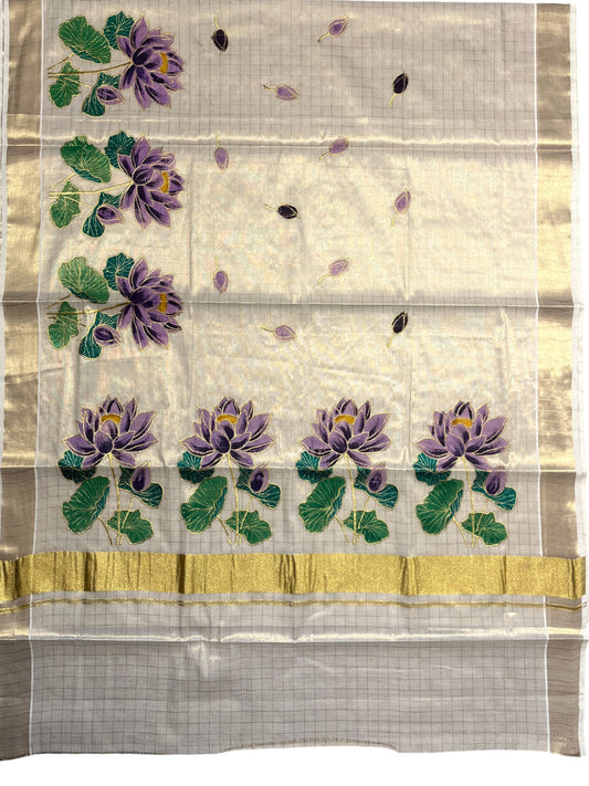Southloom Tissue Check Kerala Kasavu Saree with Hand Painted Embroidery Violet Lotus Design