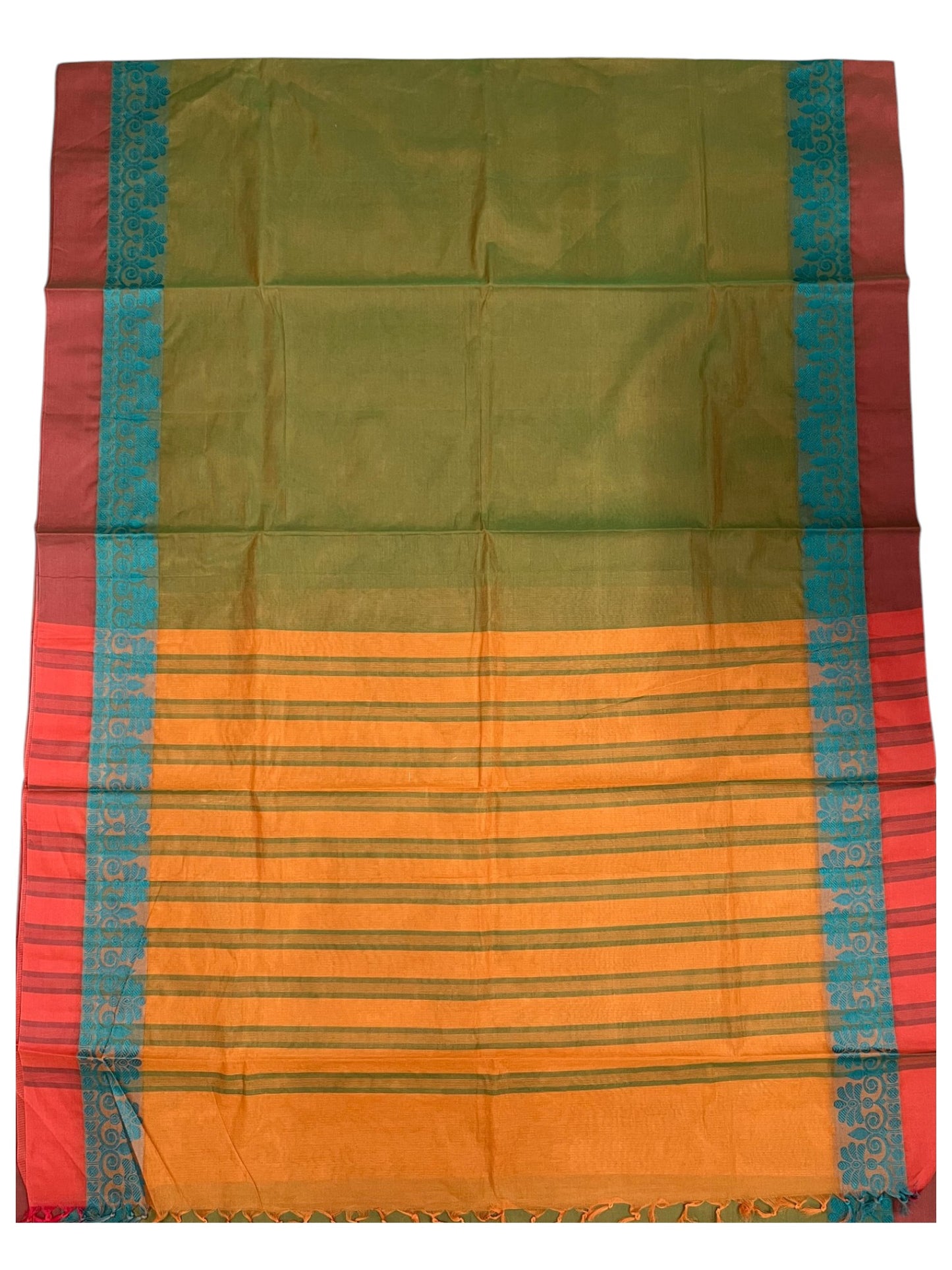 Southloom Kerala Cotton Saree with Floral Woven Works Across Body in Green