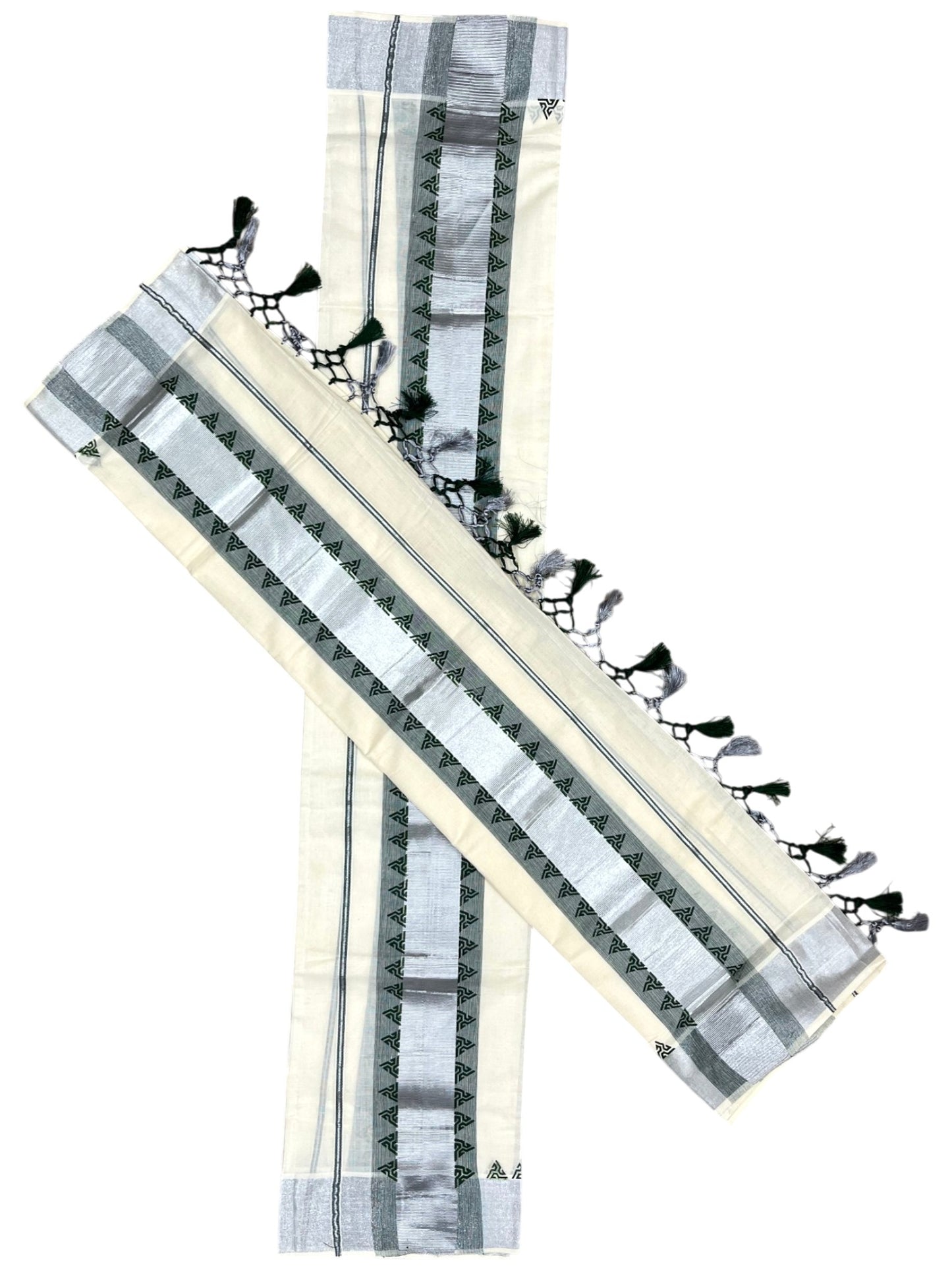 Cotton Single Set Mundu (Mundu Neriyathum) Silver Temple Design Works And Green Border Kasavu in 2.80 Mtrs With Tussles
