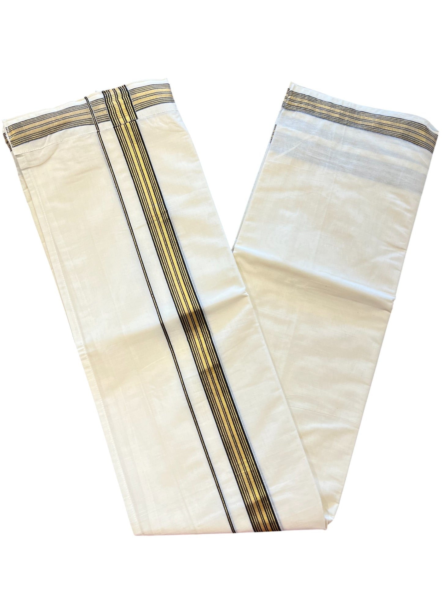 Southloom Off White Pure Cotton VELCRO Single Mundu with Gold Kasavu and Black Border (South Indian Kerala Dhoti)