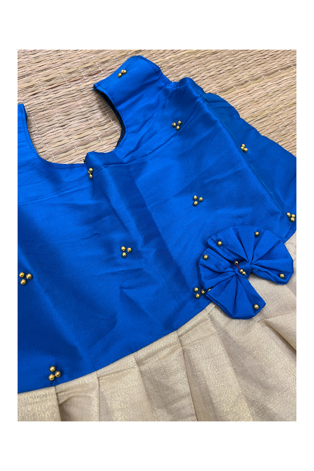 Southloom Kerala Tissue Frock with Blue Bead Work Designs for Kids (5 Years)