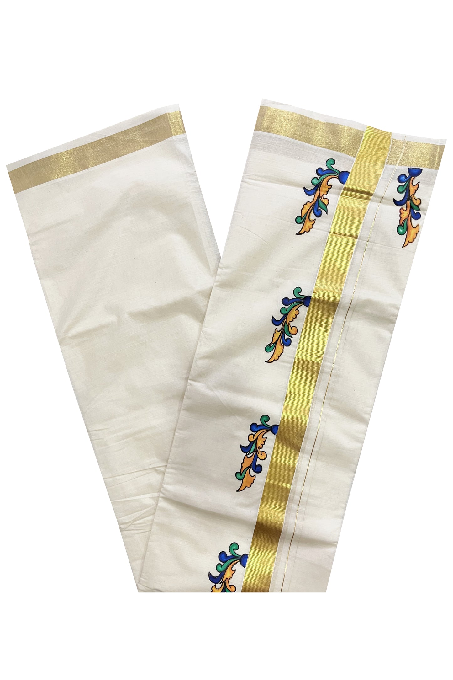 Off White Kerala Cotton Double Mundu with Hand Painted Designs on Kasavu Border