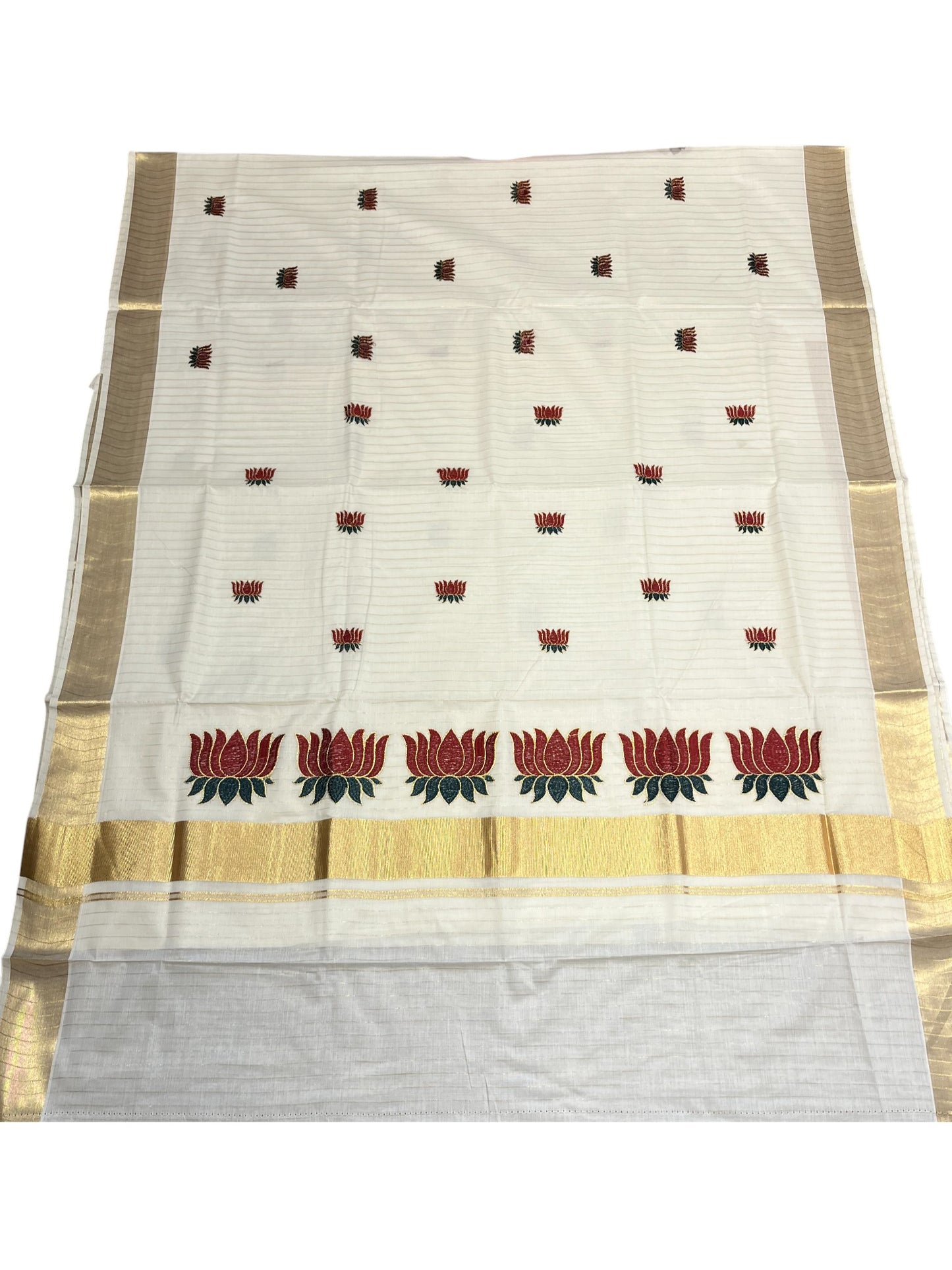 Southloom Kerala Cotton Kasavu Line Saree with Maroon Lotus Embroidery Works